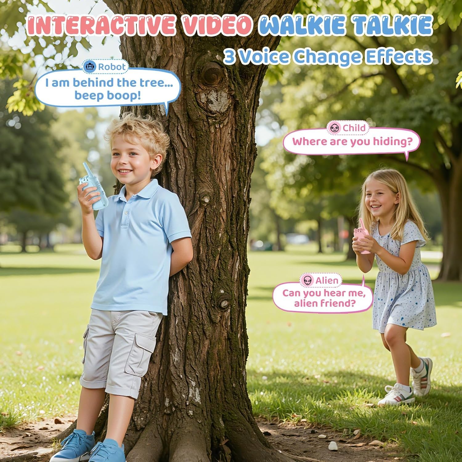 Felly Video Walkie Talkies 2 Piezas, con Videollamada y Cambiador de Voz, Walkie-Talkies Tiempo Real y Portátil, Juguete Recargable de Largo Alcance, Regalos para el Día del Niño de 3-12 Años