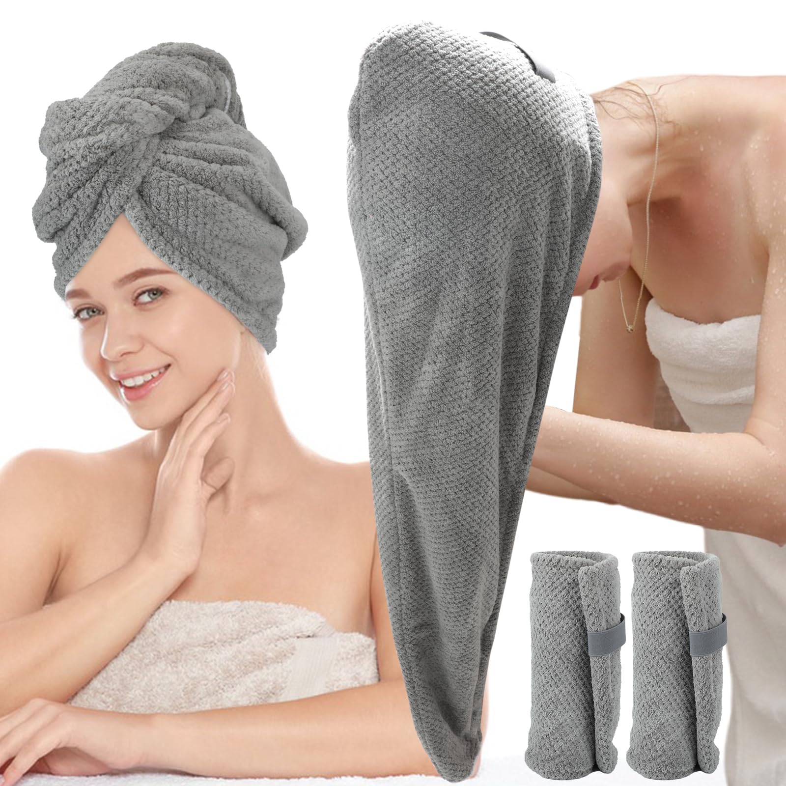 Hience 2-Paquete 86x26 CM Grandes Toalla Microfibra Pelo para Cabello Largo y Rizado, Turbante Microfibra Pelo de Secado Rápido e Anti Frizz con Correas Elásticas para Mujer, Gris