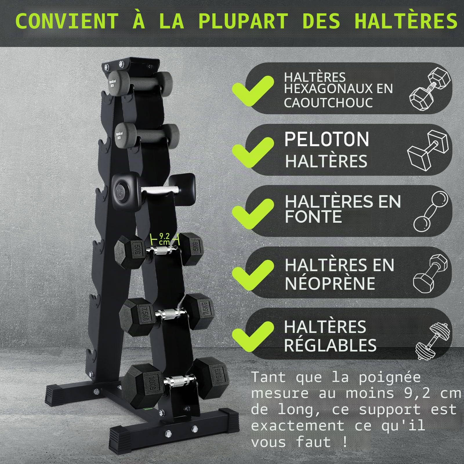 PhysKcal Support d'haltères en acier pour salle de sport en 3/5/6 niveaux | Robuste et solide, capacités de charge de 100 à 400 kg. Organisateur de rangement pour salle de sport à domicile