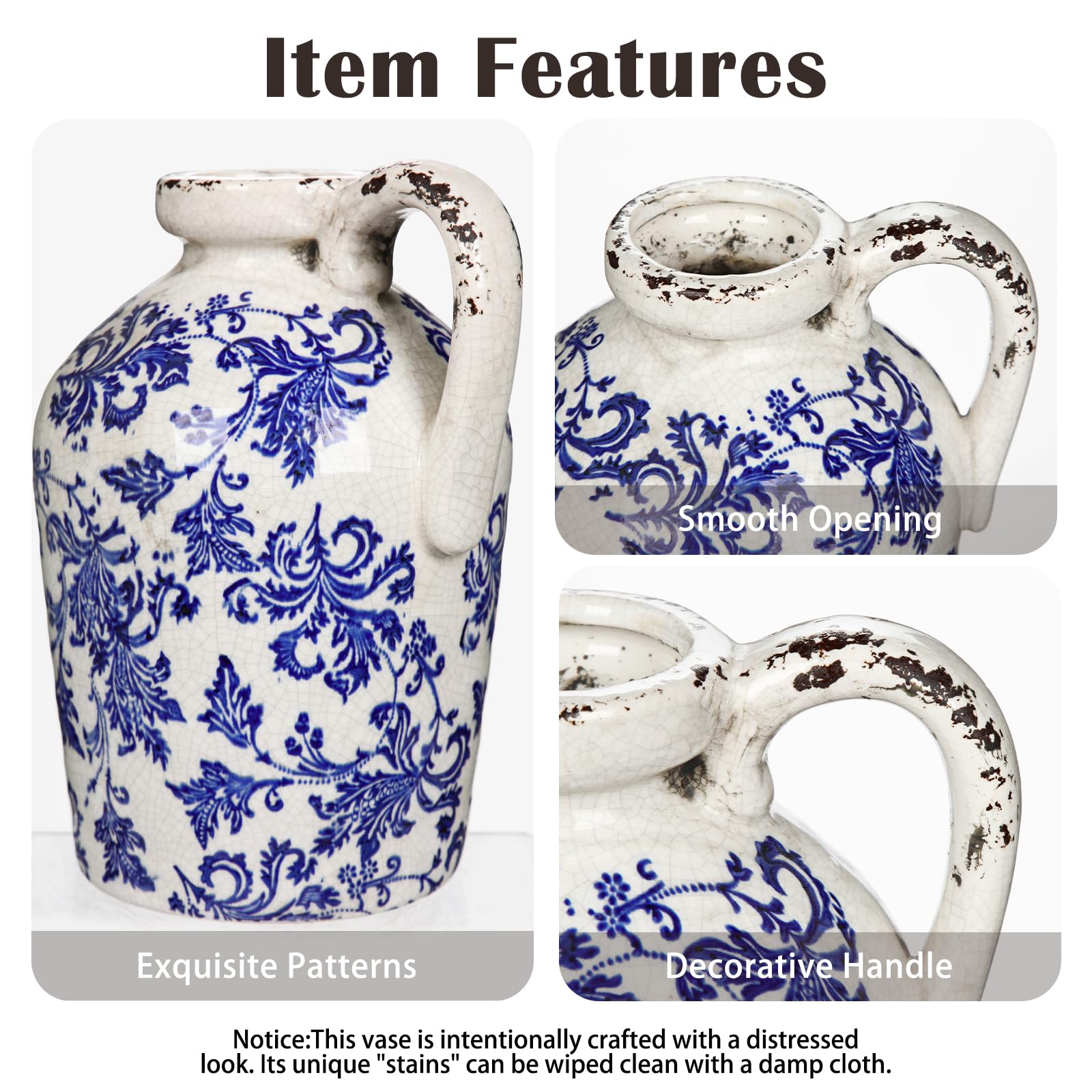 Oairse Jarrón rústico de cerámica de 9 pulgadas, jarrón de cerámica azul y blanco para centros de mesa, jarra de cerámica de hierba de las pampas con asa, decoración bohemia de chinoiserie, jarrones