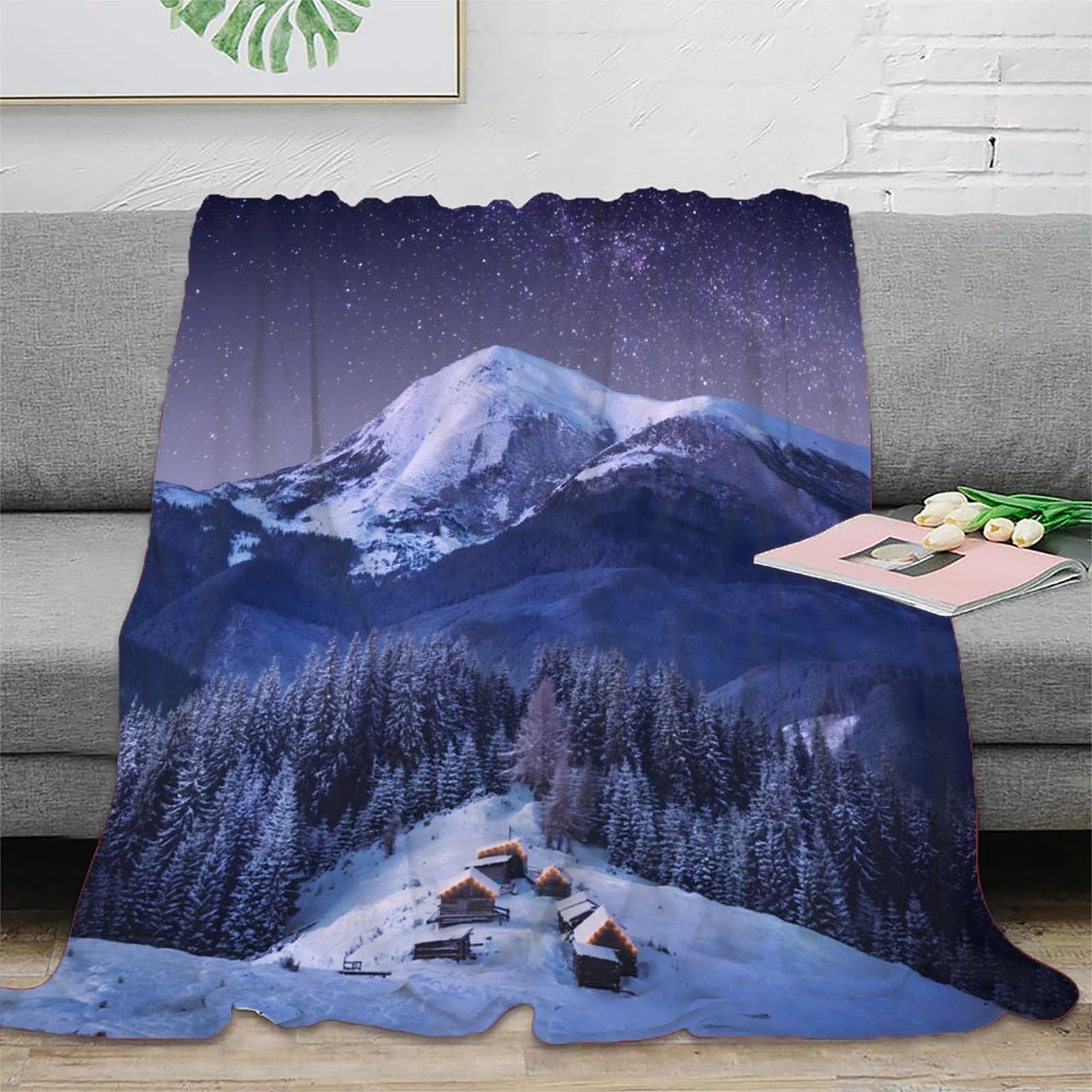 Couverture microfibre landscape 150x200cm plaid snowy mountain pour lit et canapé douillet