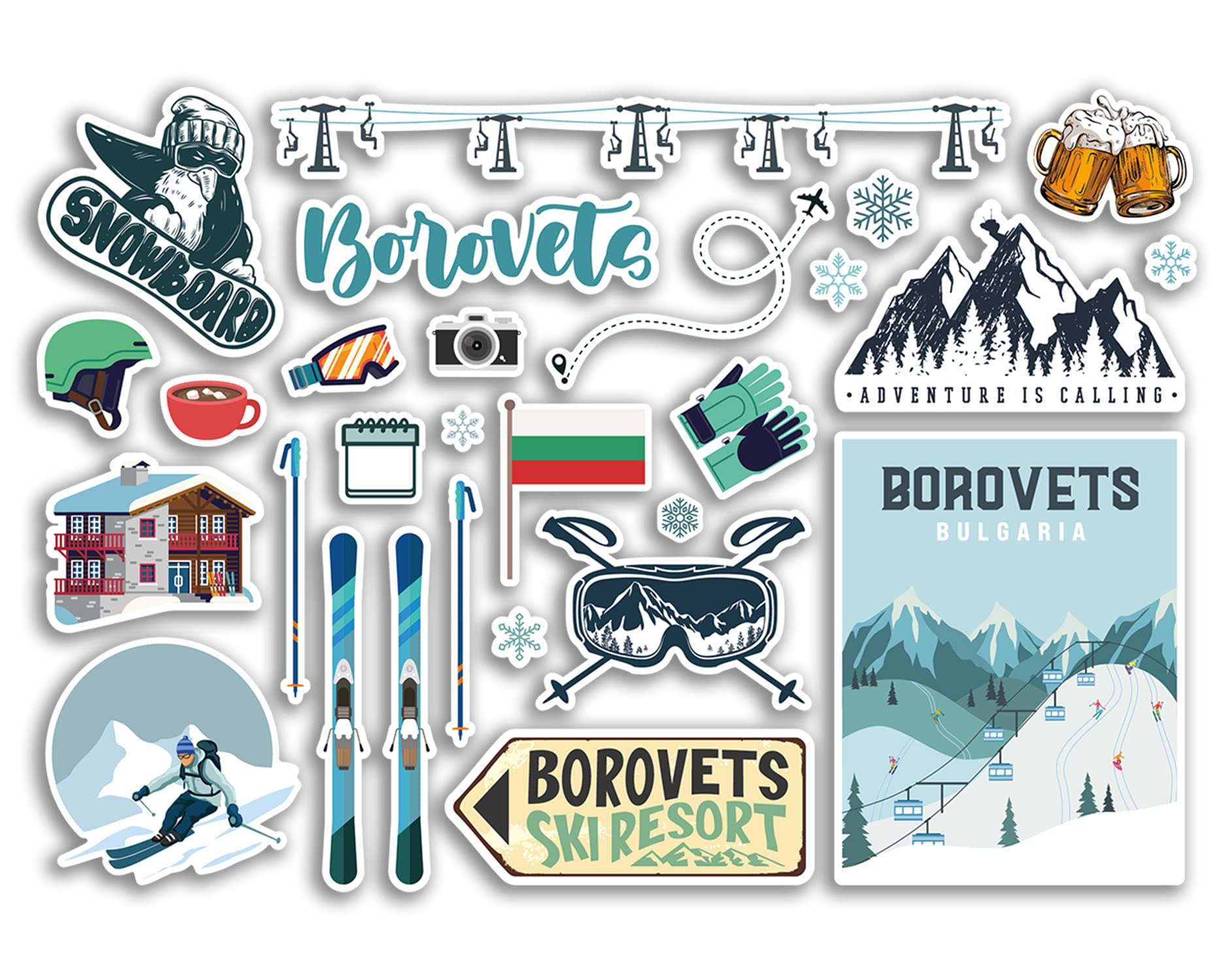 A5 Sticker Sheet Borovets Vinyl Stickers - Bulgaria Bulgarian Ski Resort Mountains Snowboard Holiday Flag Travel Snow Sports Luggage Scrapbooking #79269