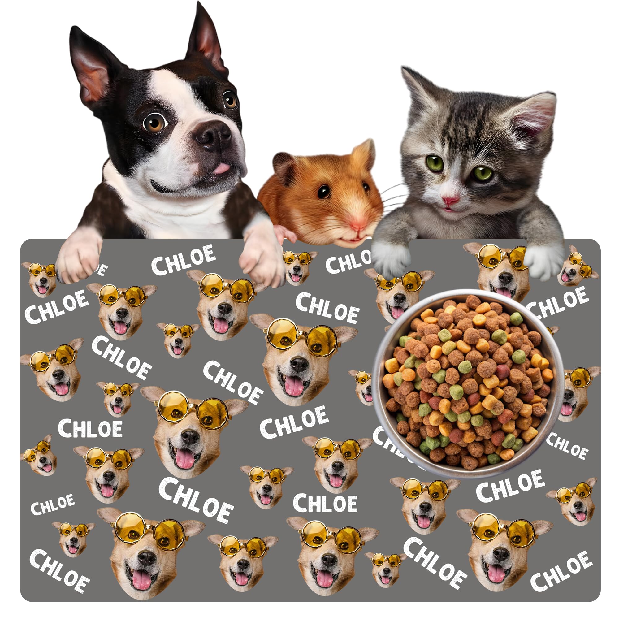 Custom Dog Bowl Mats for Food and Water, Personalized Dog Bowl Placemats with Names Faces, Customized Non-Slip Pet Food Mat for Dog Cat, Placemat Gift