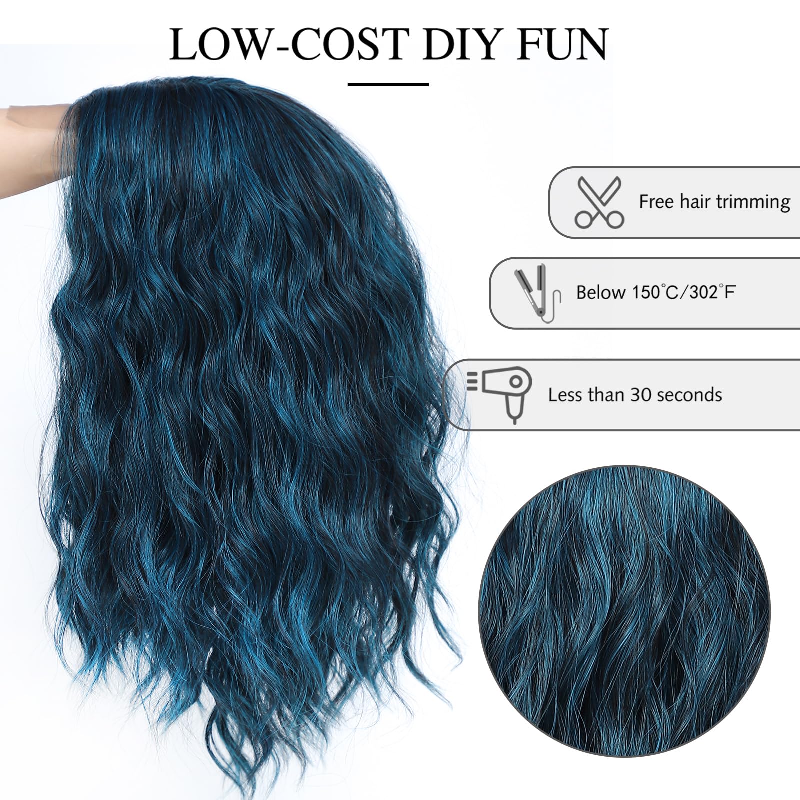 Yamel Wavy Bob Wig Natural Wig Blackish Blue Synthetic Hair Shoulder Length Short Curly Middle Part Lace Front Wigs for Women - Image 3
