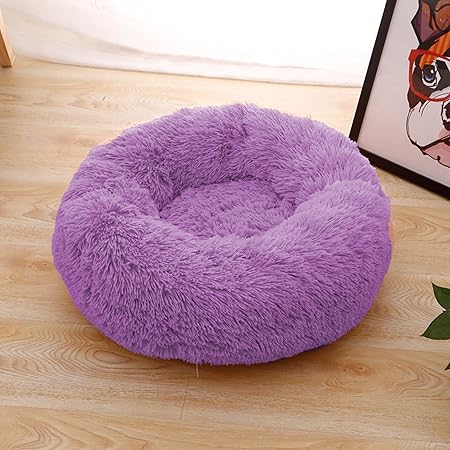 Calming Dog Bed Donut Cat Bed for Indoor Cats Small Dogs Round Thick Puppy Bed Pet Sofa Bed Non-slip Faux Fur Plush Cuddler Anti Anxiety,130cm,Purple