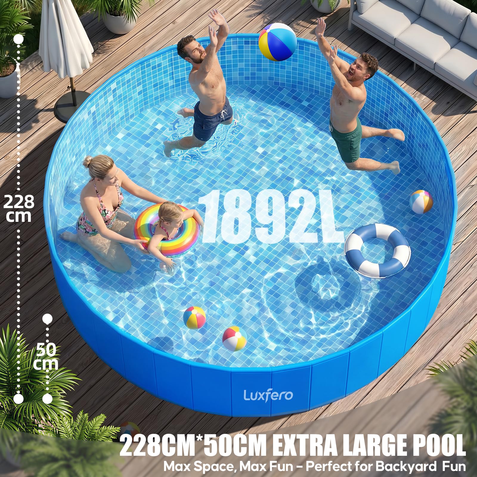 Luxfero Frame Pool, Faltbarer Aufstellpool Groß, Verdickung Schwimmbecken Gartenpool für Familie, Schnelle Installation Aufstellpool Rund, Robust Swimmingpool Schwimmbad für Garten, 228 x 228 x 50 cm