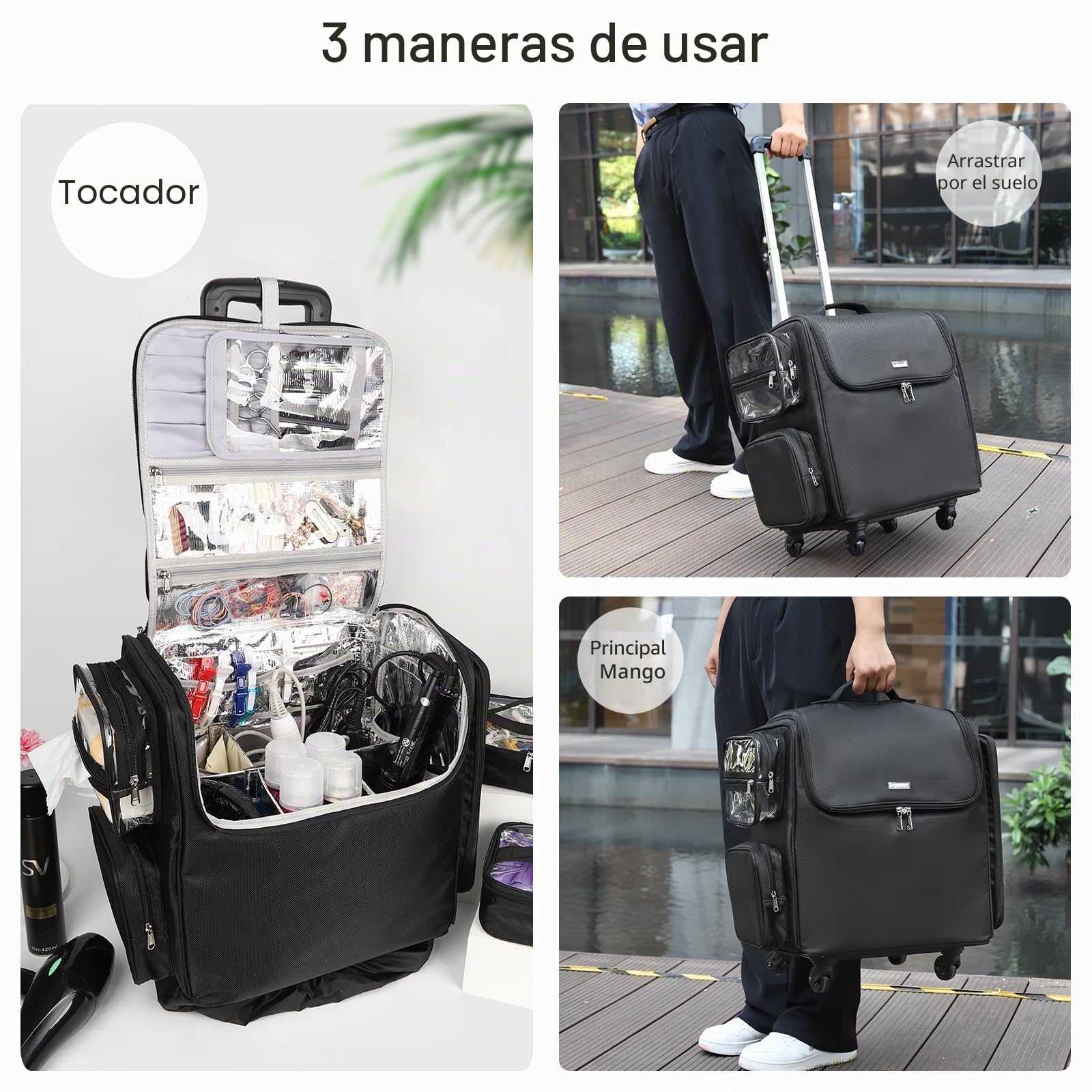 Rolling neceser, bolsa de viaje de peluquería con 4 ruedas, aislamiento térmico capa completa, divisor ajustable, herramientas para el cabello y cosméticos organizador de almacenamiento maleta carro