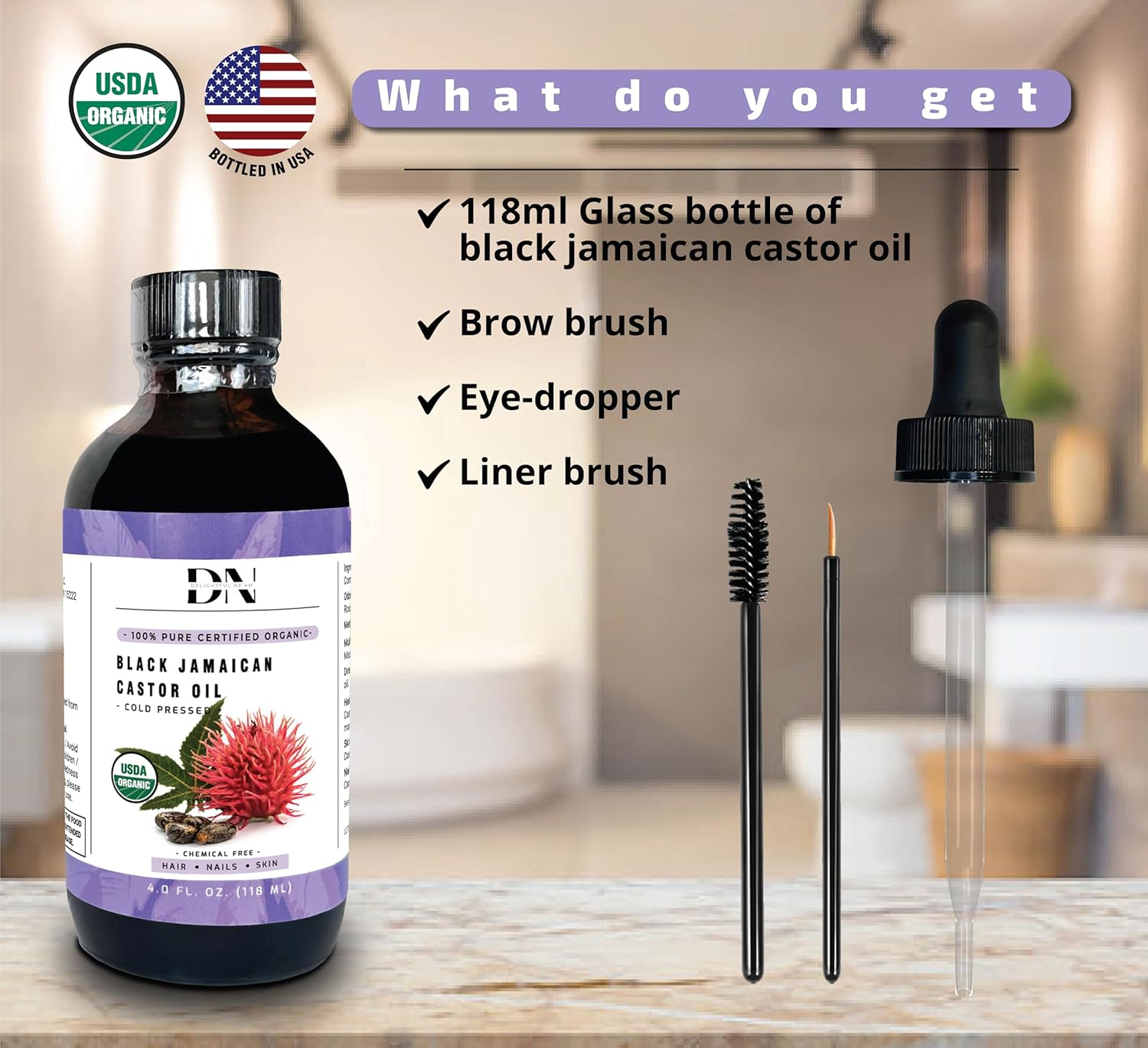DN USDA Certified Organic Jamaican Black Castor Oil, Hexane-Free Cold-Pressed (4 Fl Oz) in Glass Bottle - Unrefined, For Hair Growth & Skin Care - Image 6