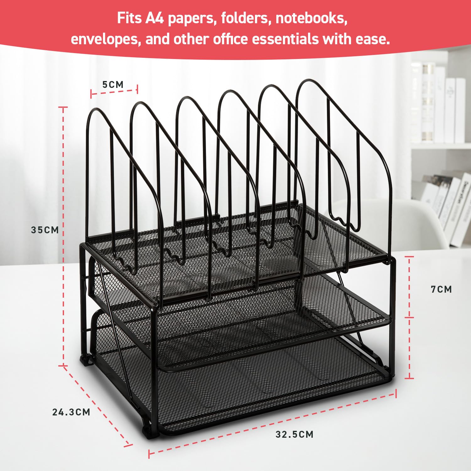 Amtido Mesh Schreibtisch-Organizer mit Ablage & 5 Fächern - Ablage für Ordner, Dokumente, Papier & Briefe - Schreibtischzubehör für Zuhause & Büro - REgal für Bürobedarf – Schwarz