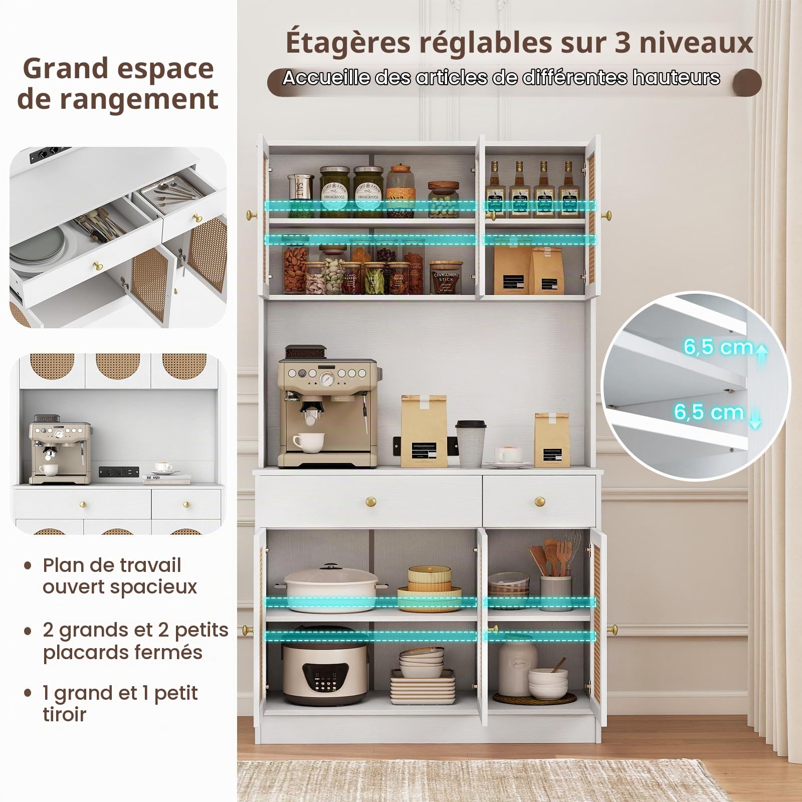 KOMFOTTEU Buffet Haut, Station Charge, 2 Tiroirs & 4 Armoires à Porte Blanc
