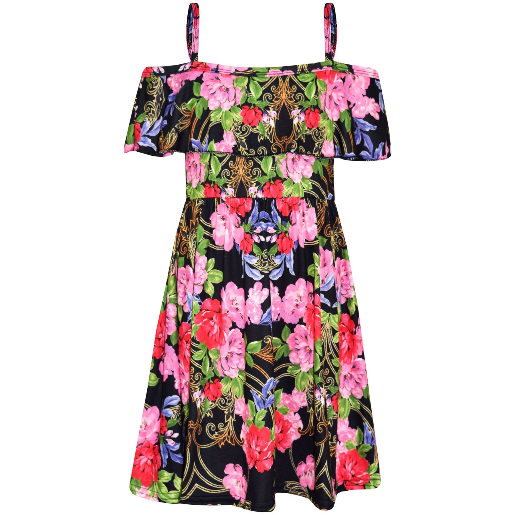 A2z 4 Kids Girls Pink & Red Floral Print Skater Dress - Off Shoulder Floral Pink & Red 9-10