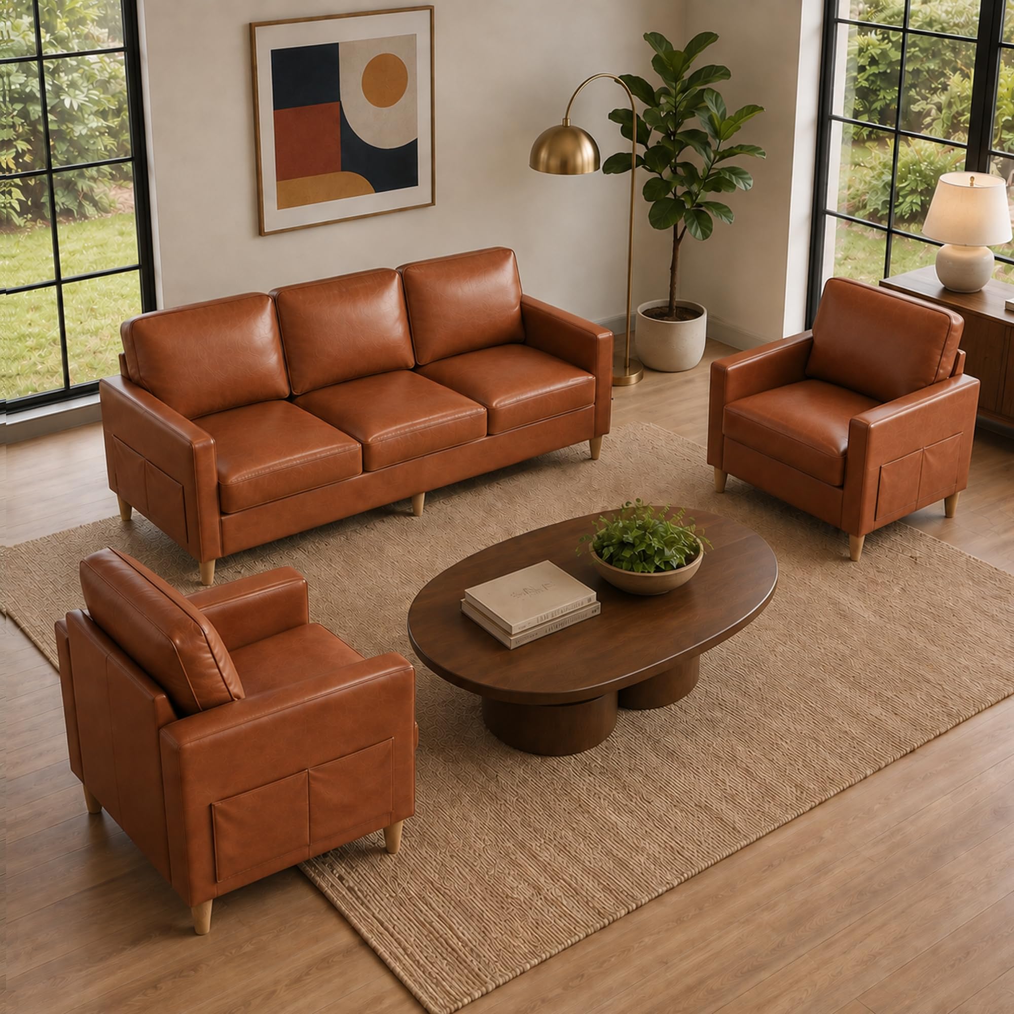 Couch Set for Living Room, 3 Seater Faux Leather Sofa and Chair Set of 2
