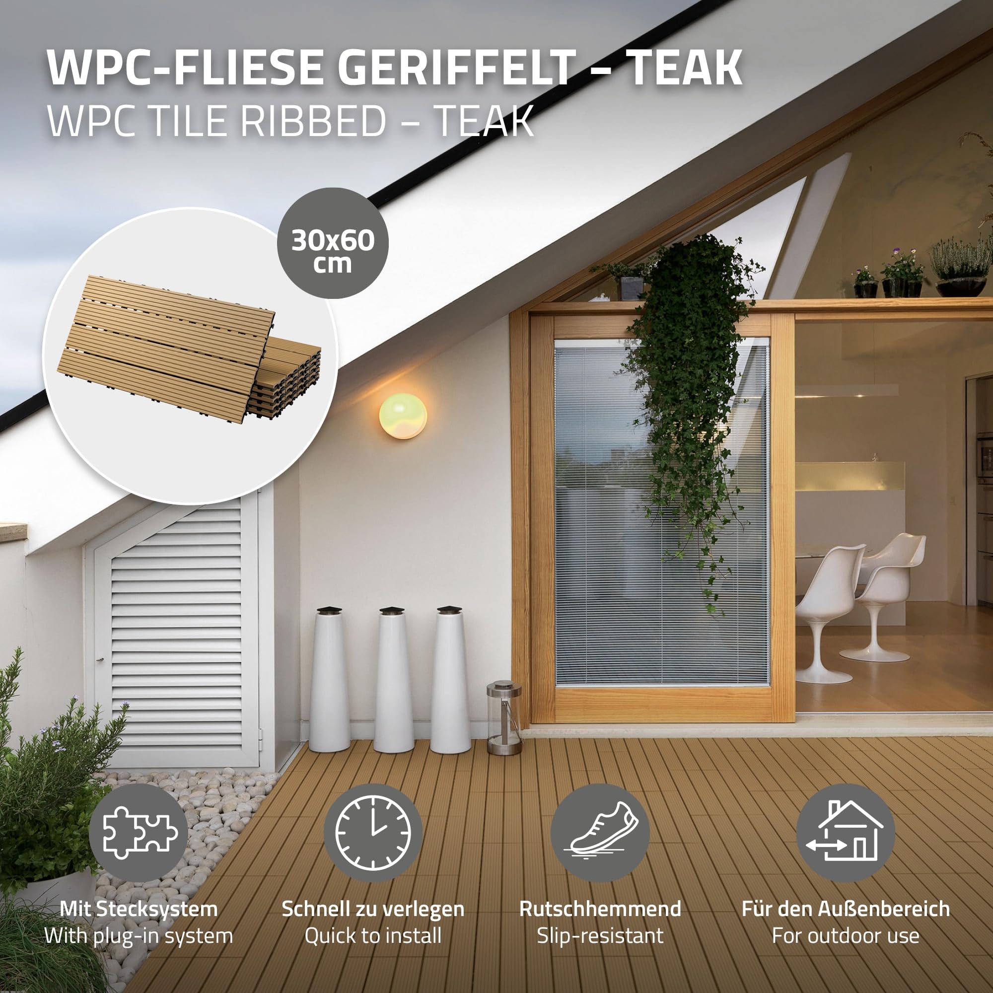 ECD Germany Piastrelle per Pavimenti da Esterno Piastrelle per Terrazze in WPC 60x30 cm Set di 6 Pezzi 1 m² Colore Teak con Aspetto Legno Piastrelle da Giardino con Drenaggio e Sistema Plug-in