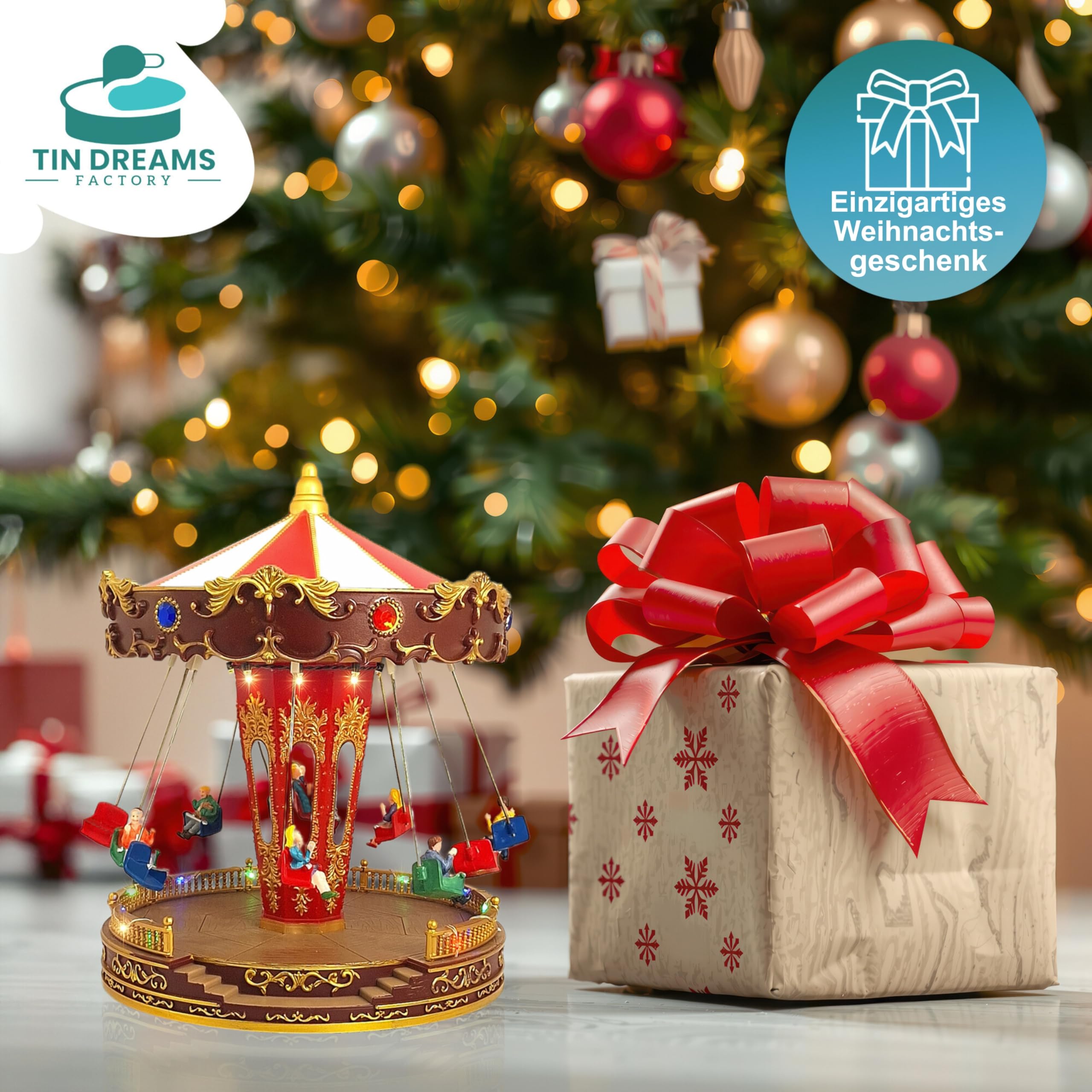 TIN Dreams | Weihnachtskarussell mit Bewegung, Musik und LED-Beleuchtung | Musikalisches Kettenkarussell | Weihnachtsdorf, Miniatur-Villa, Weihnachtslandschaft mit Beleuchtung | Weihnachtsdeko Innen