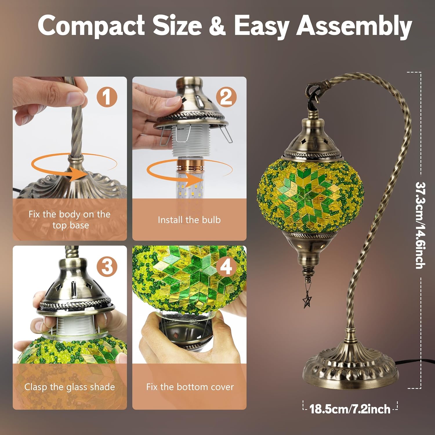 Turkish Moroccan Lamp with 3 Color Options - Handmade Tiffany Mosaic Glass Bedside Lamp with Bronze Base, Swan-Neck Nightstand Light for Bedroom (LED Bulb Included) (Green)