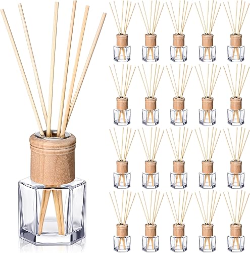 Roshtia Juego de 20 botellas difusoras de varillas vacías recargables con fragancias de vidrio con tapas de madera, palitos de ratán, tarros de