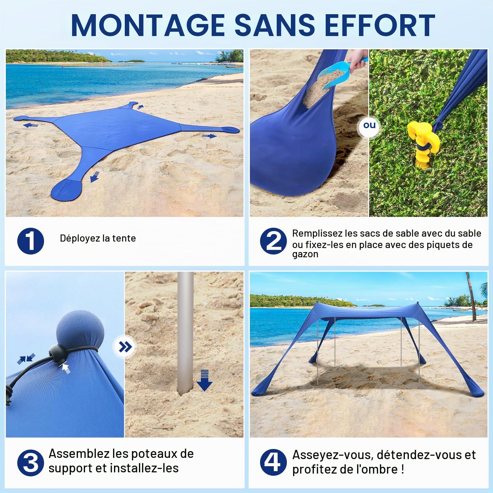 Sportneer Tente de plage, 3 x 3 m, abri solaire UPF50+ avec sacs de sable, pelles à sable, piquets de sol et poteaux de stabilité, auvent de plage d'extérieur pour plage, camping, pêche