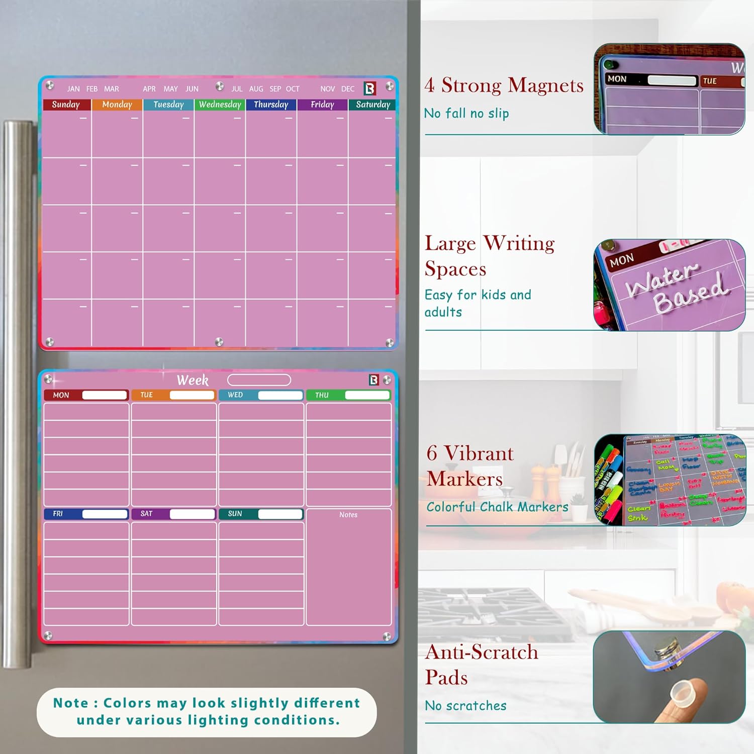 Pink Dry Erase Calendar for Fridge and Wall – Magnetic Acrylic Calendar 16x12 in, Dry Erase Board Reusable for Home or Office with 6 Liquid Chalk Markers | Pink Gifts for Women