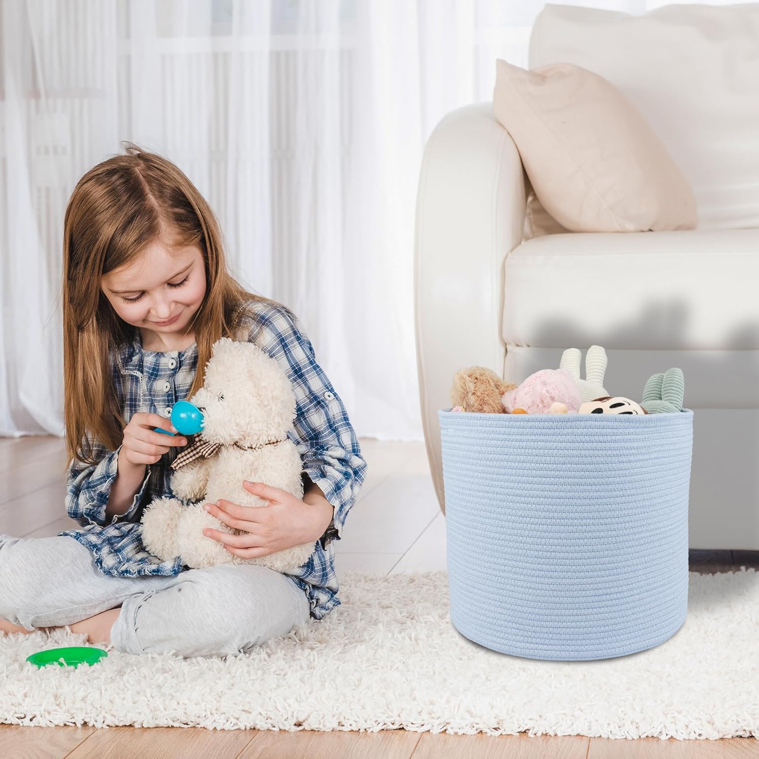 XUANGUO Cotton Rope Basket For Girls Boys Kids 16”X14” Baby Laundry Baskets Nursery Bin Round Woven Basket For Storage Toys Blankets Shoes Clothes blue