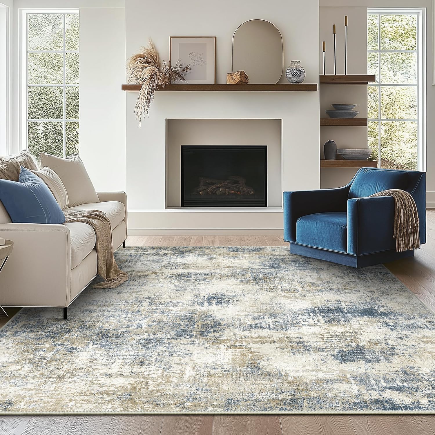 Bavni 8x10 Area Rugs Machine Washable Rug for Living Room, Modern Abstract Rug Indoor Soft Area Rug for Bedroom Dining Room, Ultra-Thin Low Pile Carpet with Non Slip Rubber Backing, Gray Beige Blue 8' x 10' (Rectangular) Abstract Blue Gray