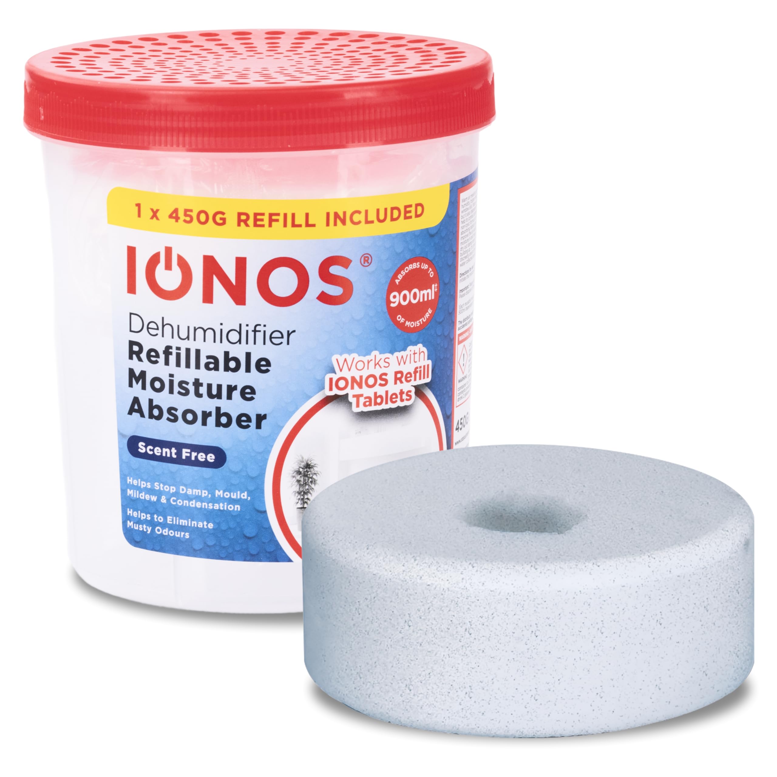 IONOS Dehumidifier, Refillable Moisture Absorber with 450 g Tablet Included – Absorbs up to 900 ml, Works with IONOS Refills, Unscented Damp Trap (IONRDEHUMSF1PB12)