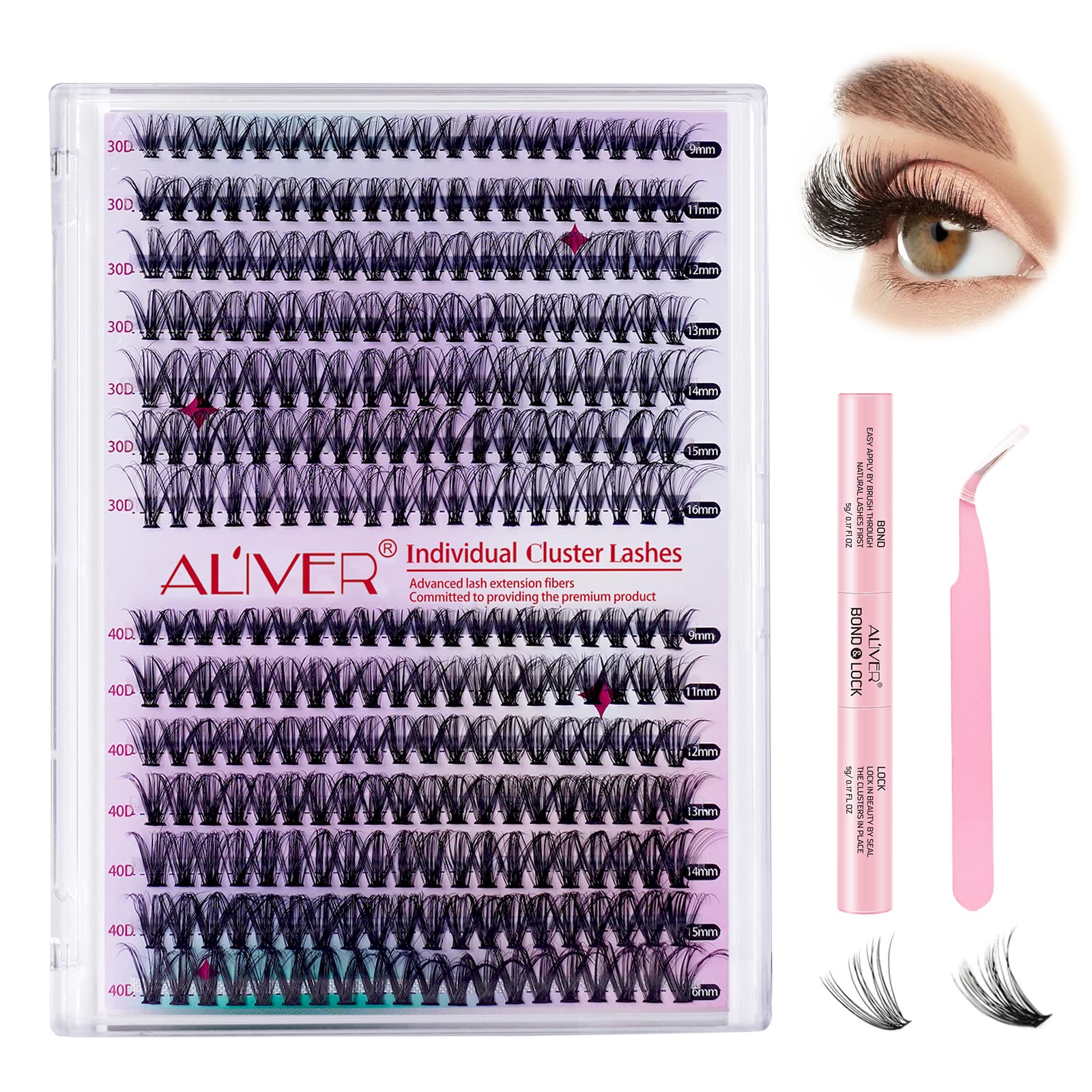 Individual Lashes - Cluster Lashes False Eyelashes Full Lash Extension Kit 9-11-12-13-14-15-16mm Mixed Length 280PCS 30D+40D D Curl Wispy Clusters Lashes with Bond and Seal, Tweezers Natural Look
