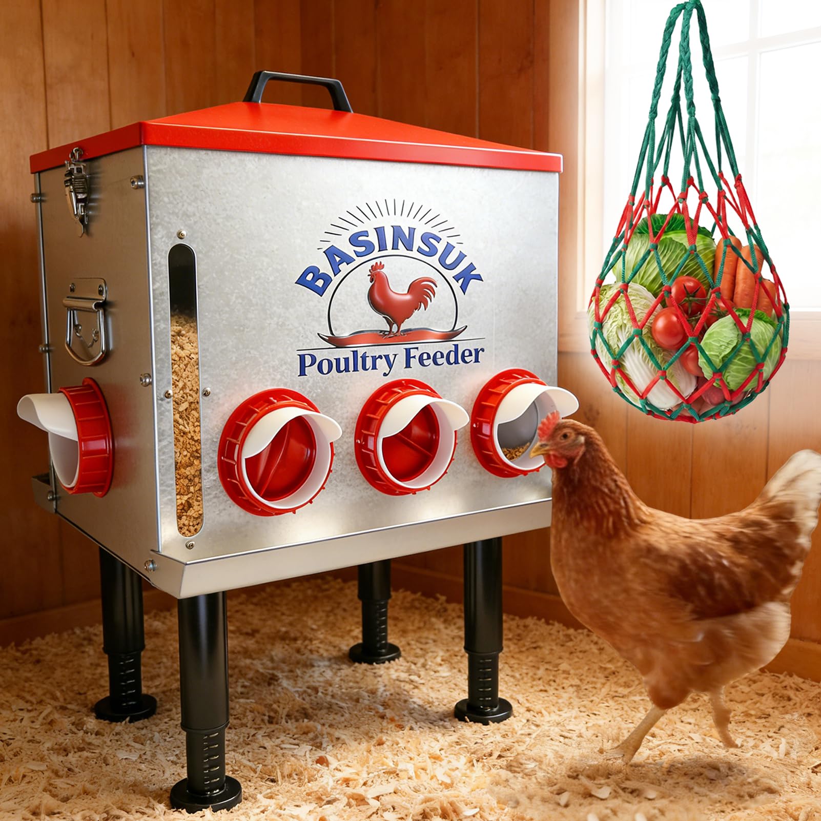 Photo 1 of BASINSUK 10Gal 55lb Automatic Chicken Feeder, 8 Port No Waste Chicken Feeders Rat-Proof Large Metal Poultry Feeder with Window & Catchment Tray, Adjustable Legs Waterproof Rust-Proof for Coop Outdoors