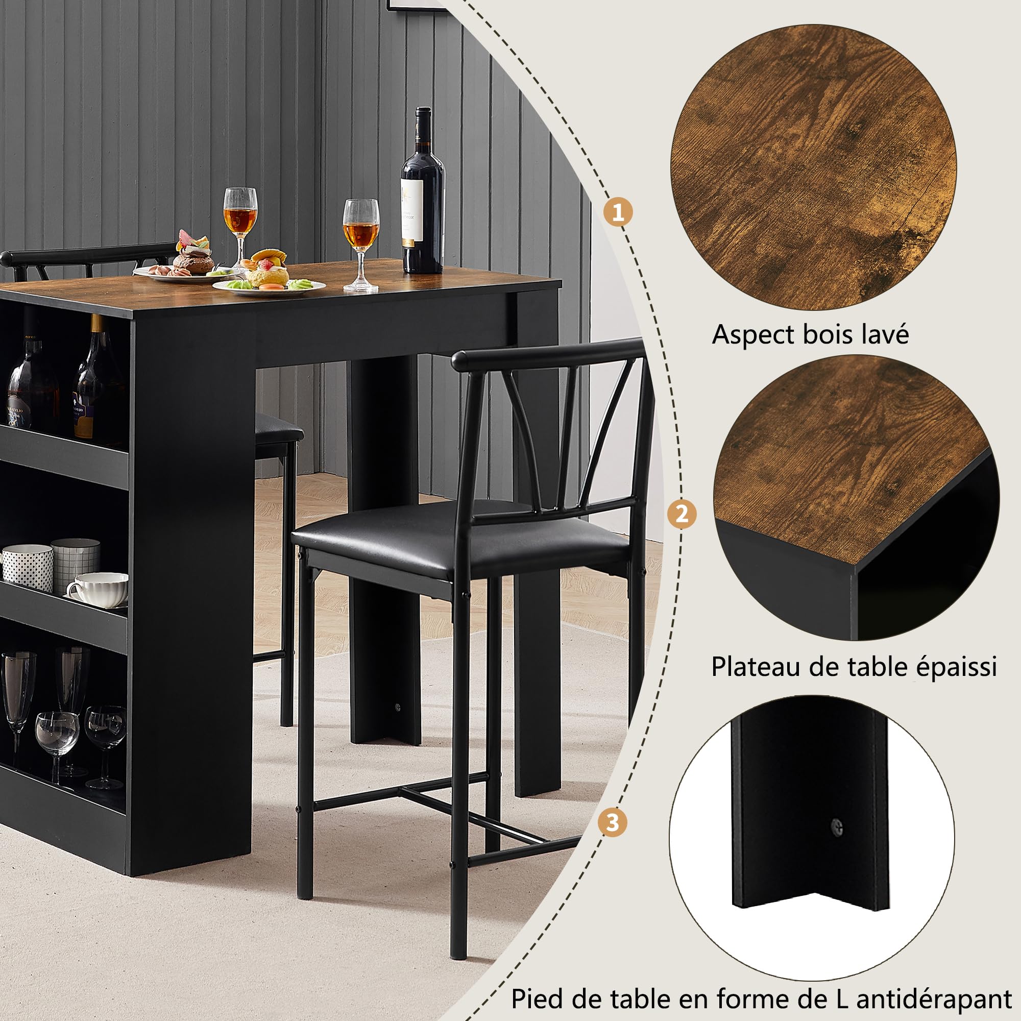 VECELO Ensemble Table de Bar Industriel avec 2 Chaises Rembourrées, Table avec 3 Étagères de Rangement pour Salle à Manger, Cuisine, Salon, Bistrot, Marron