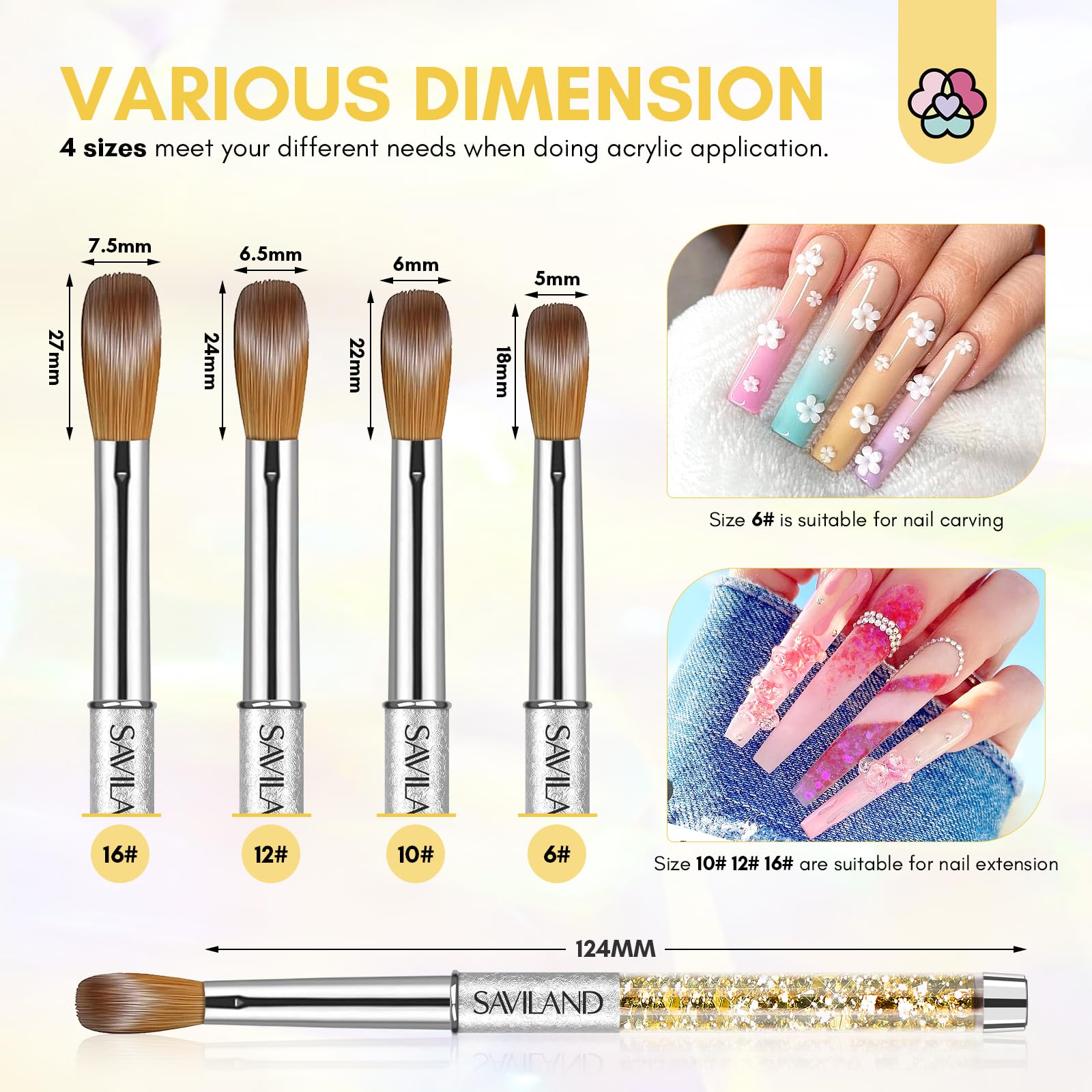 Saviland 4 Pinceaux pour Ongles Acryliques: Kolinsky Nail Art Professionnel, pour Poudre Acrylique (#6/10/12/16)