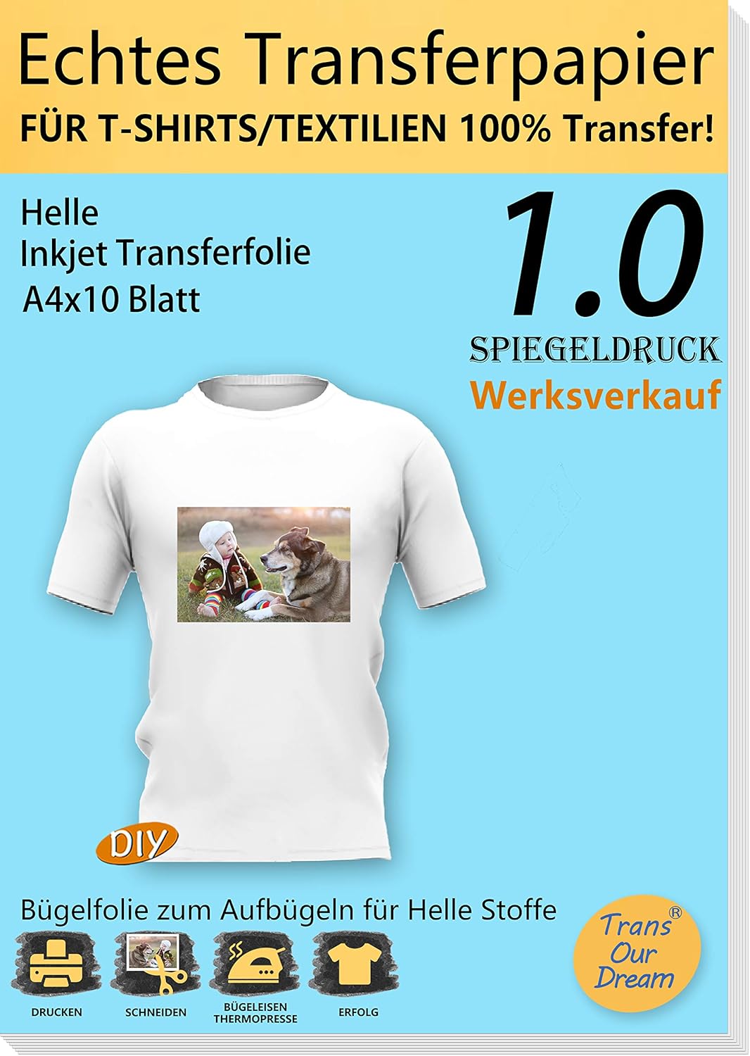 TransOurDream ECHTE Bügelfolie Transferfolie Transferpapier,DIN A4X10 Blatt,Inkjet bedruckbare TransOurDream ECHTE Bügelfolie Transferfolie Transferpapier,DIN A4X10 Blatt,Inkjet bedruckbare