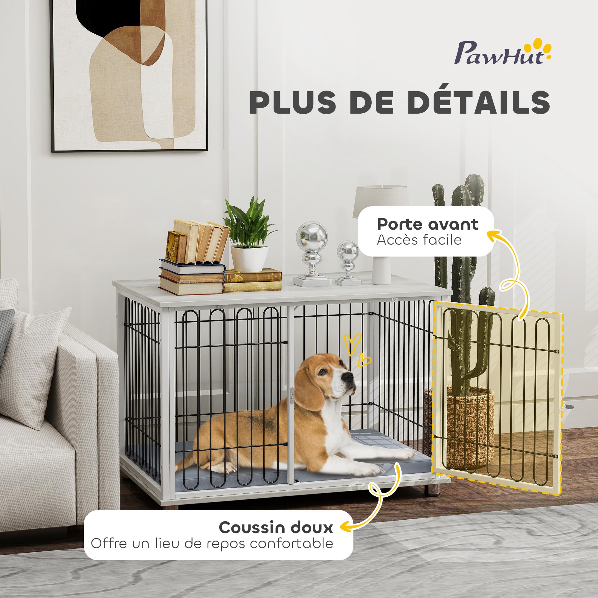 PawHut Cage pour Chien, Meuble Cage Chien intérieur avec Coussin, Pieds réglables, Table d'appoint, Fil d'acier Solide, pour Chiens Moyens jusqu'à 20 kg, 90 x 58 x 62,5 cm, Gris