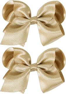 4" Big Shiny Glitter Ribbon Hair Bows Alligator Clips Barrettes Hand-made Champagne Gold Bowknot Hair Accessories for little Teen Toddler Girls Kids Christmas New Year Gift in Pairs