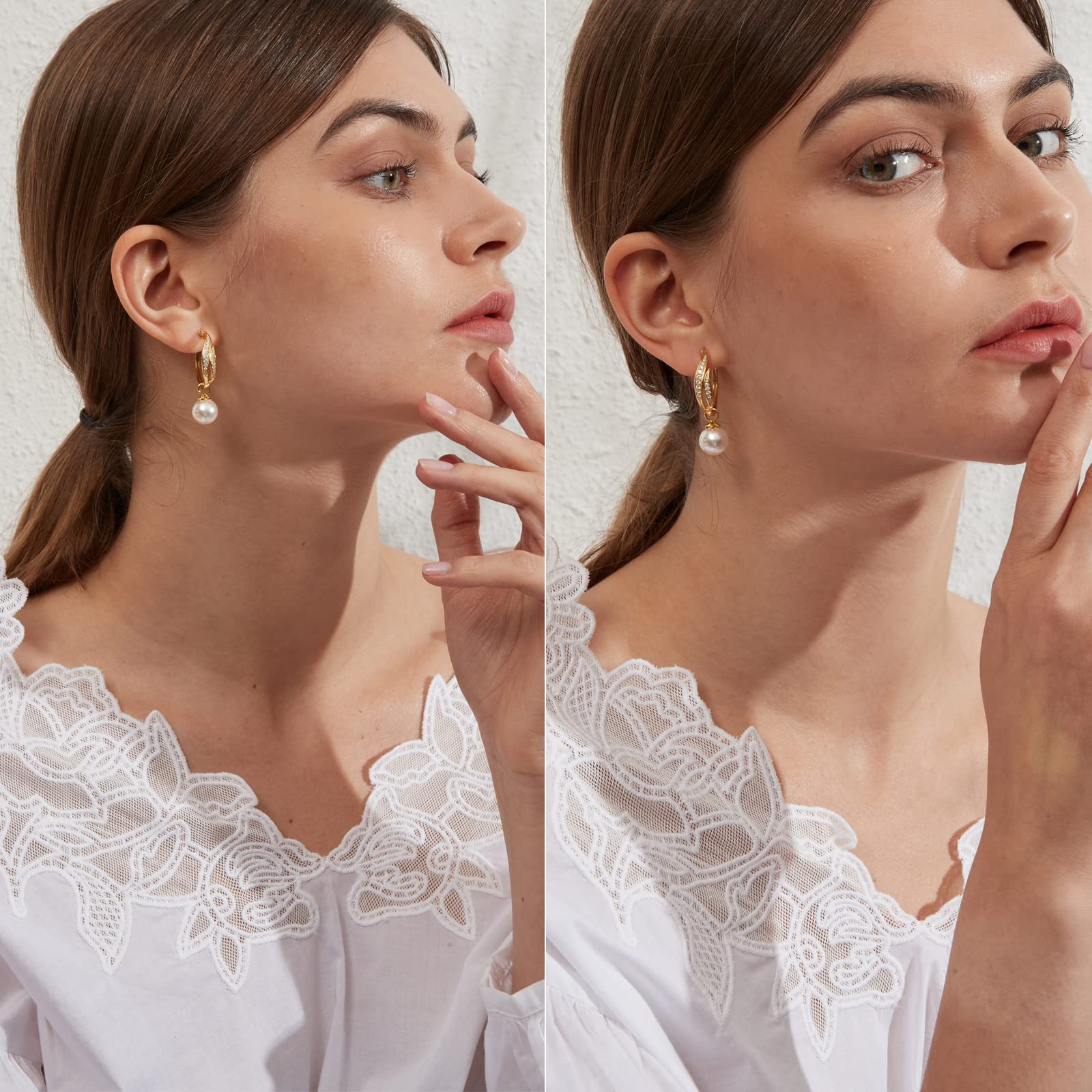 Perlenohrringe 18K Weißgold Plattiert 925 Sterling Silber Creolen mit Weiß Perlen Hypoallergene, Perle 8mm-10mm Edler Schmuck für Damen