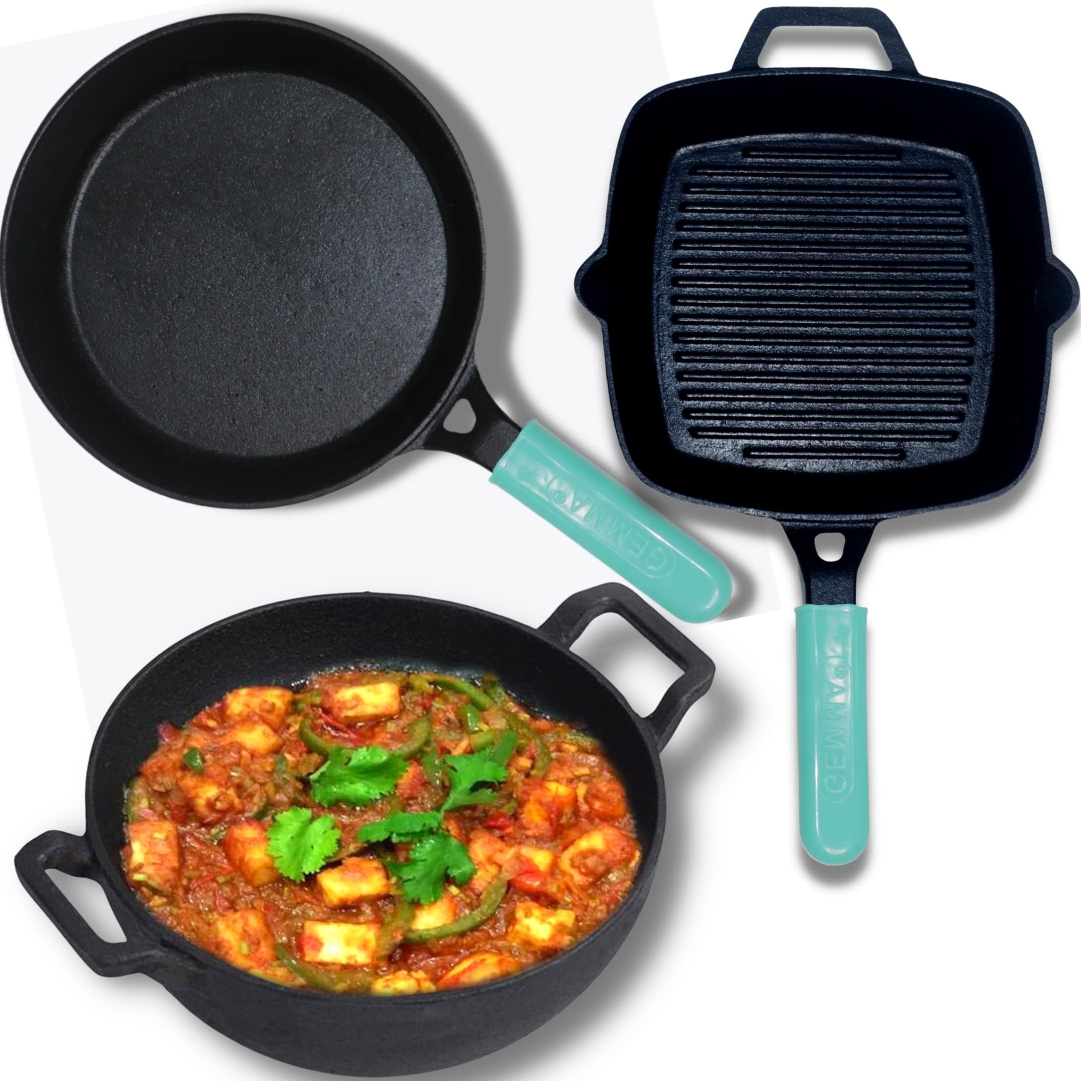 GEMMA Combo of 3 - Cast Iron Kadhai Black (3L) (23CM),Frying Pan(2L)(24Cm) & Grill Pan (2L) (24CM) |100% Pure Cast Iron |Non Toxic|Stick Free| (2.5kg)(2.25kg),(2.4kg)|(Green)|