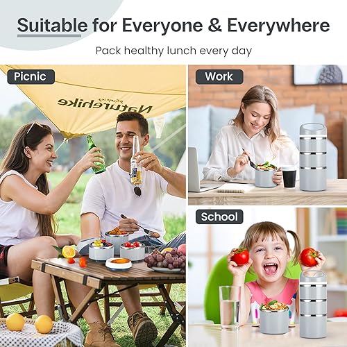 Miniatura 6 de Lille Home Envases de Almuerzo Apilables de Acero Inoxidable, Capacidad de 43OZ 3 Capas Caja Bento a Prueba de Fugas para Adultos, Lonchera Portátil