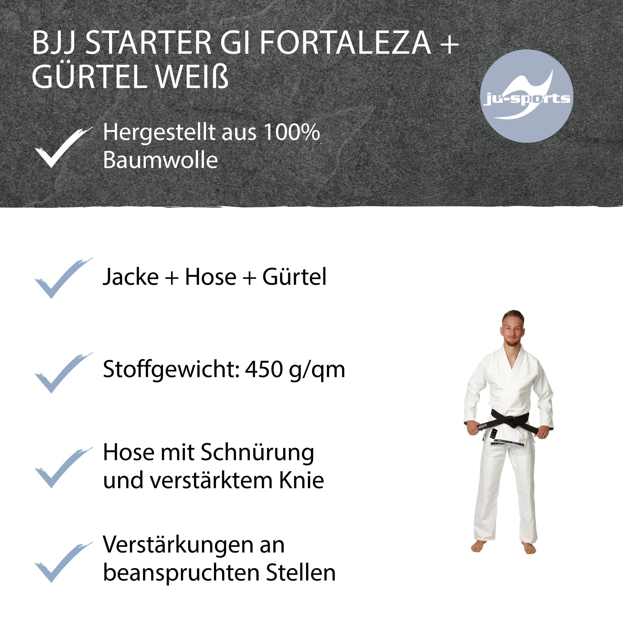 Ju-Sports Fortaleza BJJ Gi Herren weiß + BJJ Gürtel weiß - Leichter & schlank geschnittener Brazilian Jujutsu Anzug für Einsteiger 100% Baumwolle, Verstärkter Kniebereich