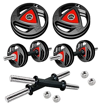 Amazon Brand - Symactive Professional Metal Integrated Rubber Adjustable 10 kg Dumbbells Fitness Kit for Full Body Workout | 14 Inch Dumbbell Rods Pair & Nuts | Home Gym Kit | Multicolor - image, photos