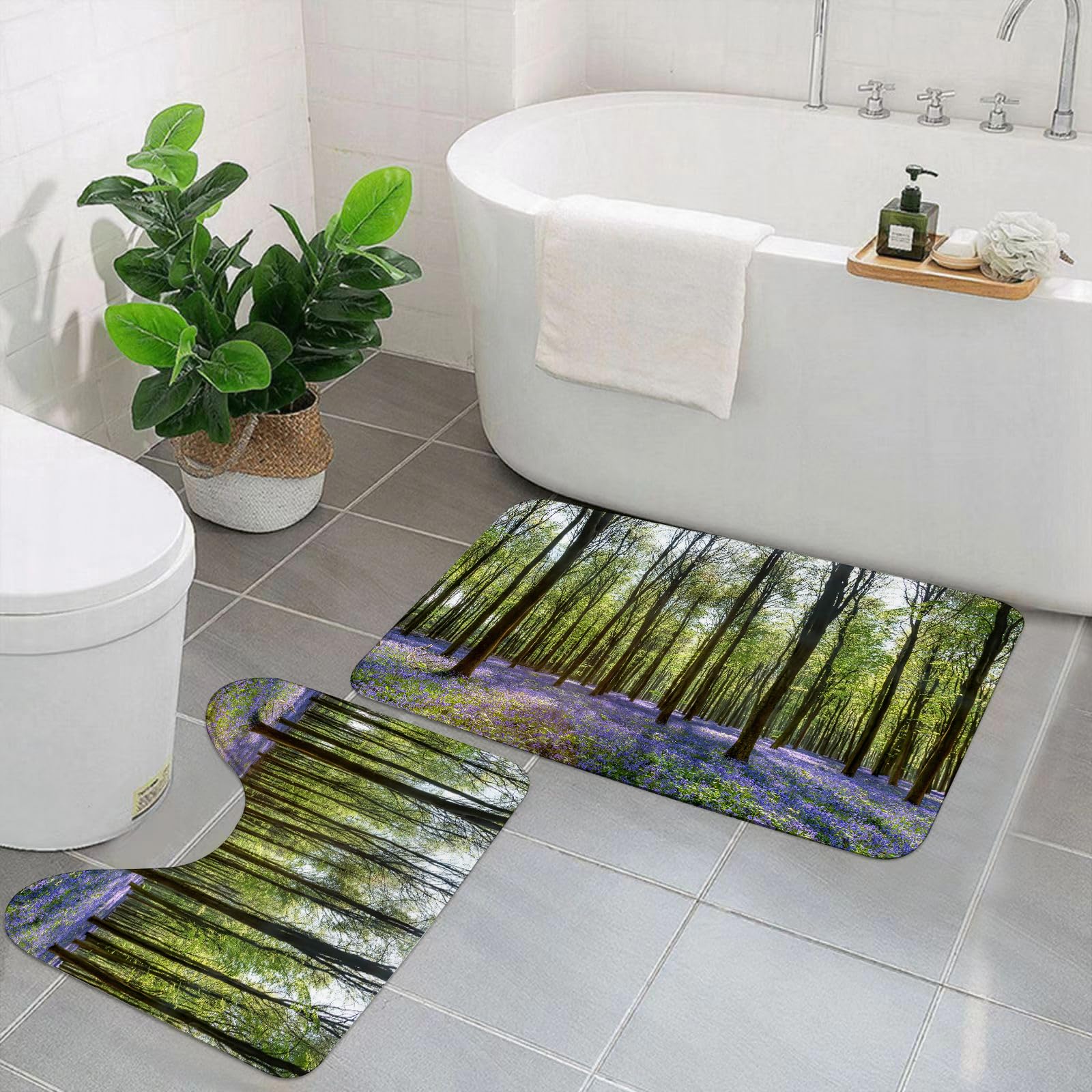 Set di 2 tappetini da Bagno, Lavabili in Lavatrice e Antiscivolo, in Morbida Fibra Superfine, con Motivo di campanule nel Bosco di Wepham, Fiori e paesaggi rurali.