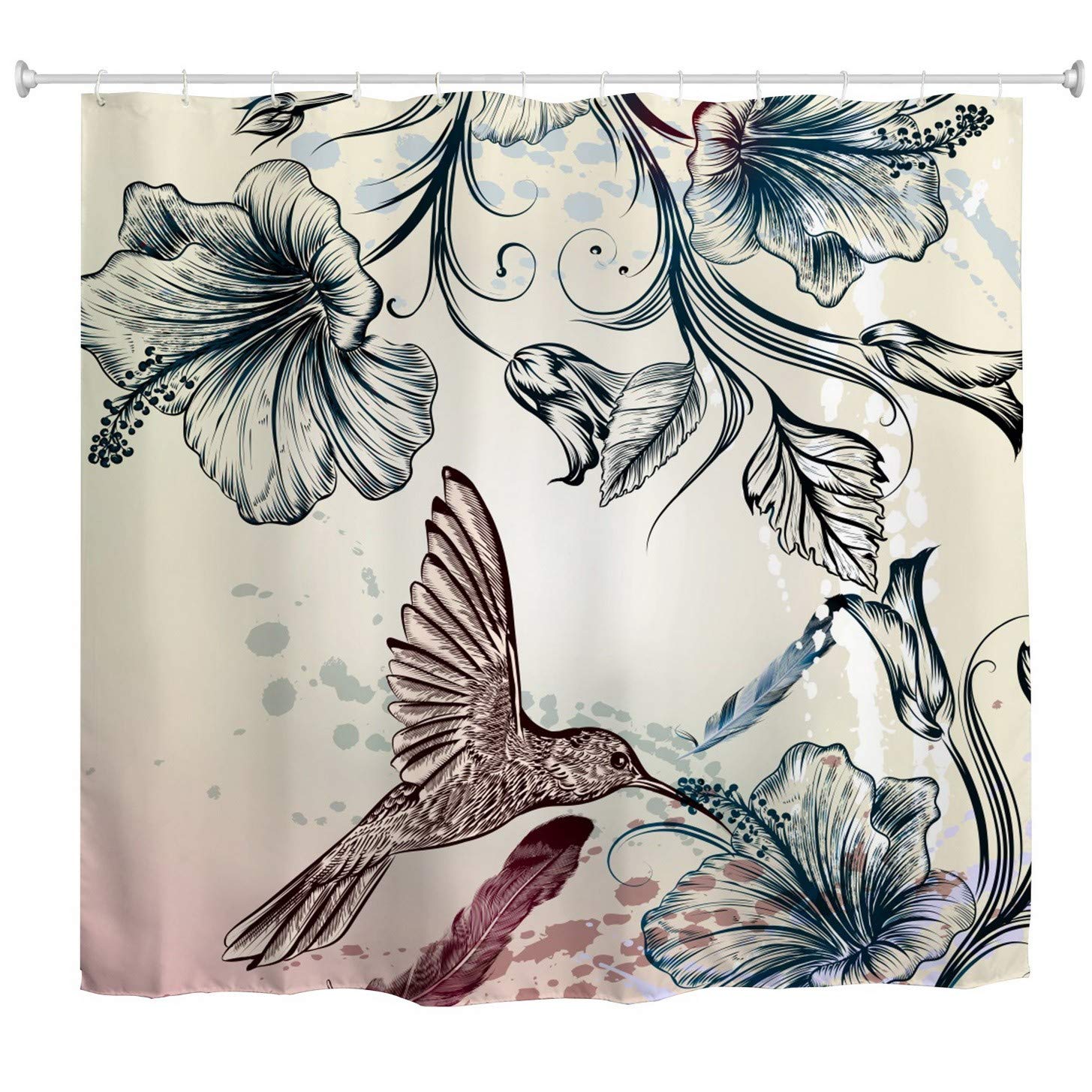 A.Monamour Silhouette Of Hummingbird And Hibiscus Flowers Vintage Floral Art Backgrounds Waterproof Mildew Resistant Fabric Bath Curtain Shower Curtain With Hooks Rings 180x200 cm / 72"x78"