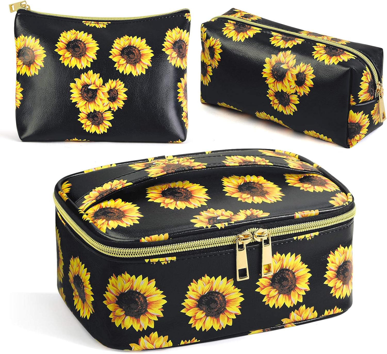 MAGEFY 3Pcs Makeup Bags for Women Portable Travel Cosmetic Bag Waterproof Organizer for Purse with Gold Zipper Cute Toiletry Bags (Sunflower Black) MAGEFY 3Pcs Makeup Bags for Women Portable Travel Cosmetic Bag Waterproof Organizer for Purse with Gold Zipper Cute Toiletry Bags (Sunflower Black)