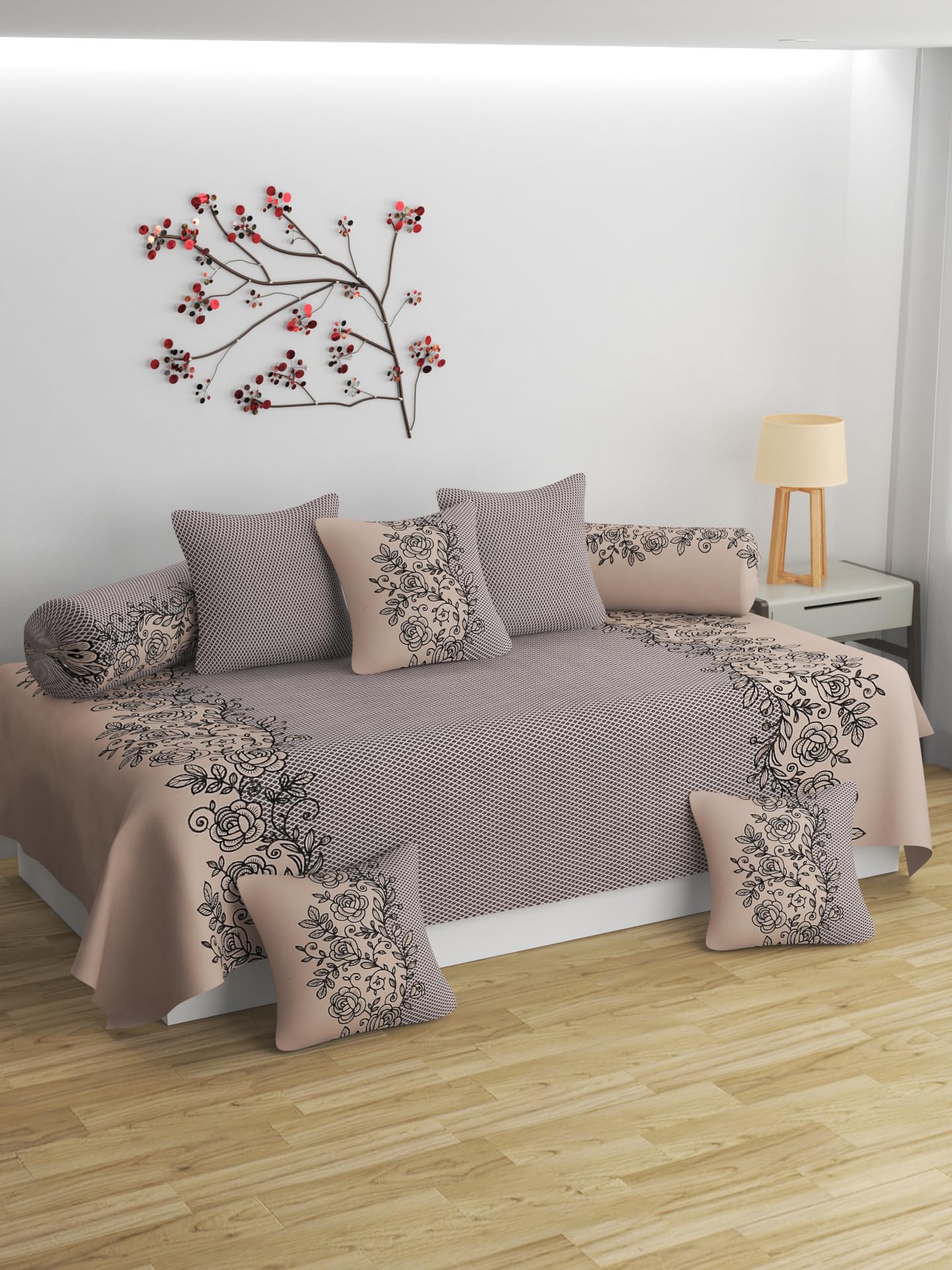 BROMWICK 250 TC Microfiber Printed Diwan Set with 8 Pieces, 1 Single Bed Sheet with 5 Cushions Covers 2 Bolster Covers (Beige)-image-2