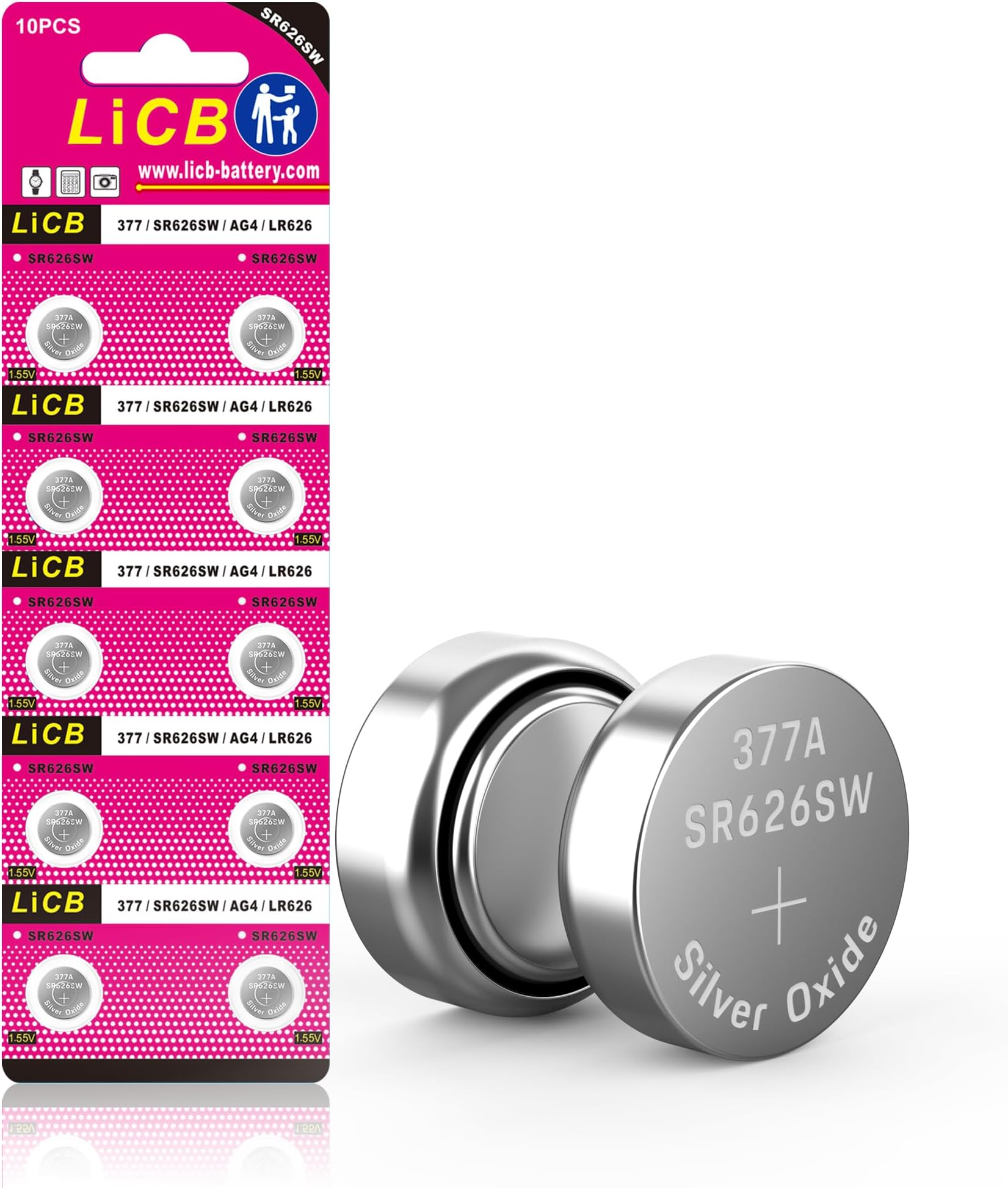 LiCB 10 Pack SR626SW 377 Watch Battery,Long-Lasting & Leak-Proof,High Capacity Silver Oxide 1.55V Button Cell Batteries for Watch