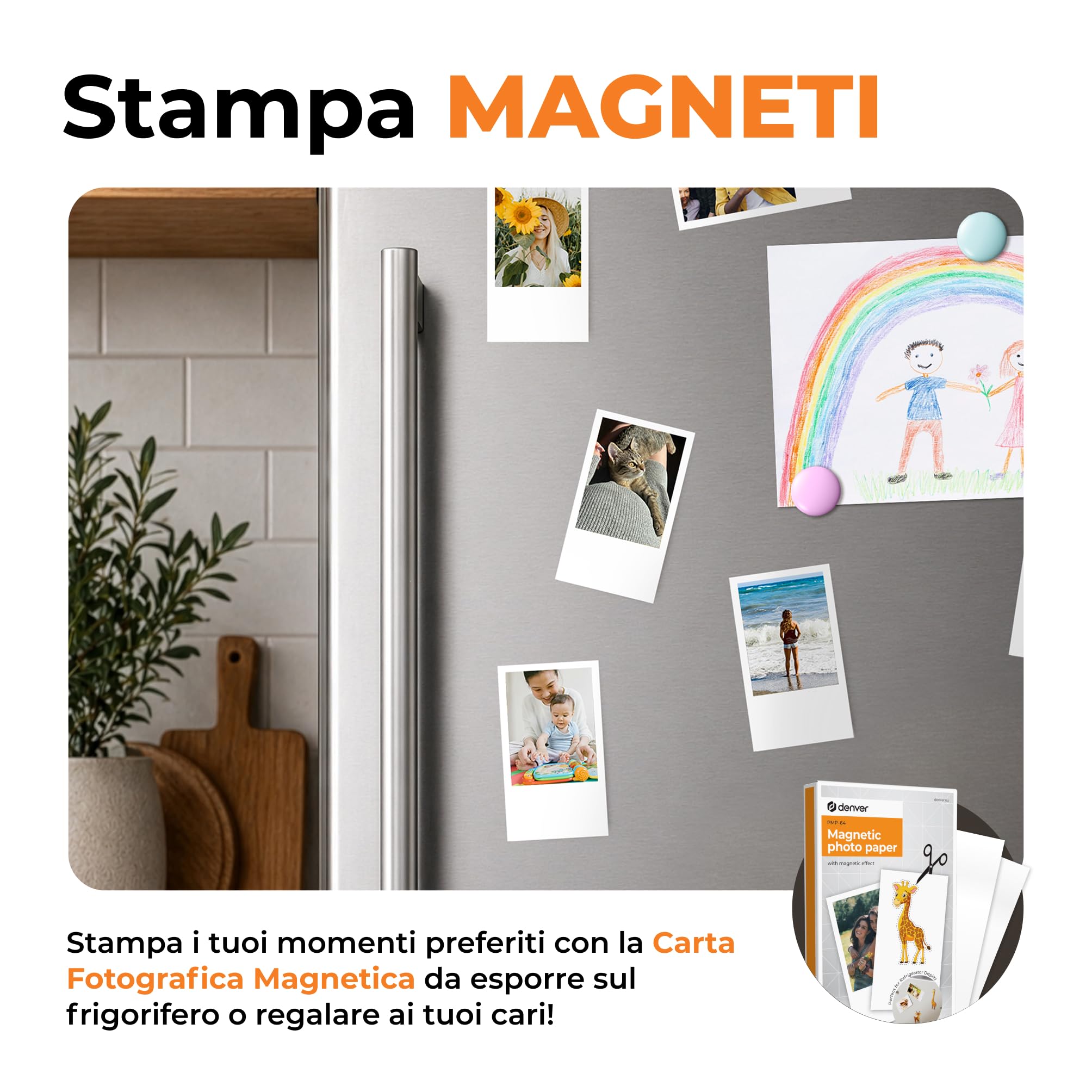 Denver MCP-6010 Mini stampante fotografica per smartphone, stampante portatile a colori con Bluetooth 5.2, 600 DPI, iOS e Android, stampante fotografica portatile con batteria, cartuccia e set di 20