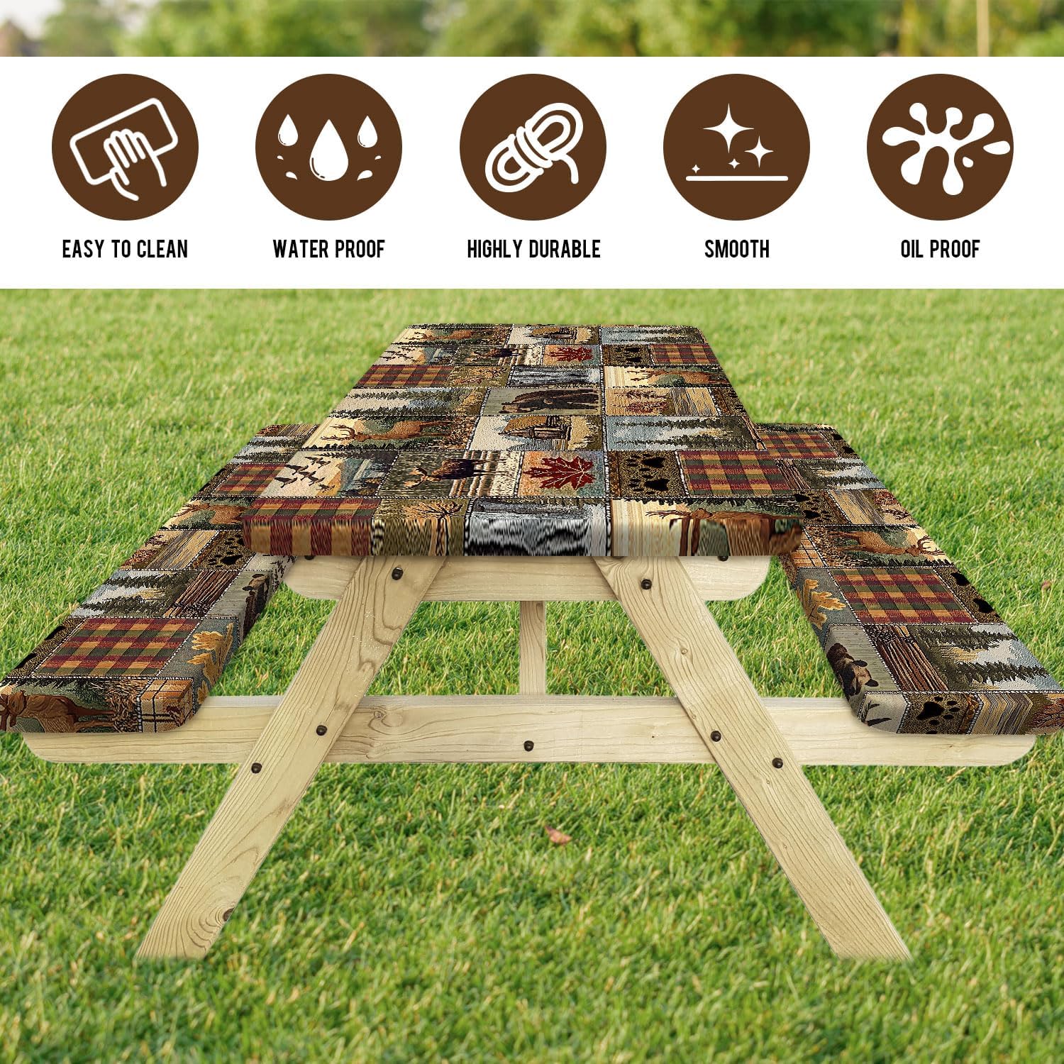 Rectangle Picnic Table Cover with Bench Covers 6FT 3PCS, Camping Essentials,Rectangle Fitted Camping Tablecloth Waterproof with Elastic Edge for Indoor Outdoor Patio, 72in, Brown