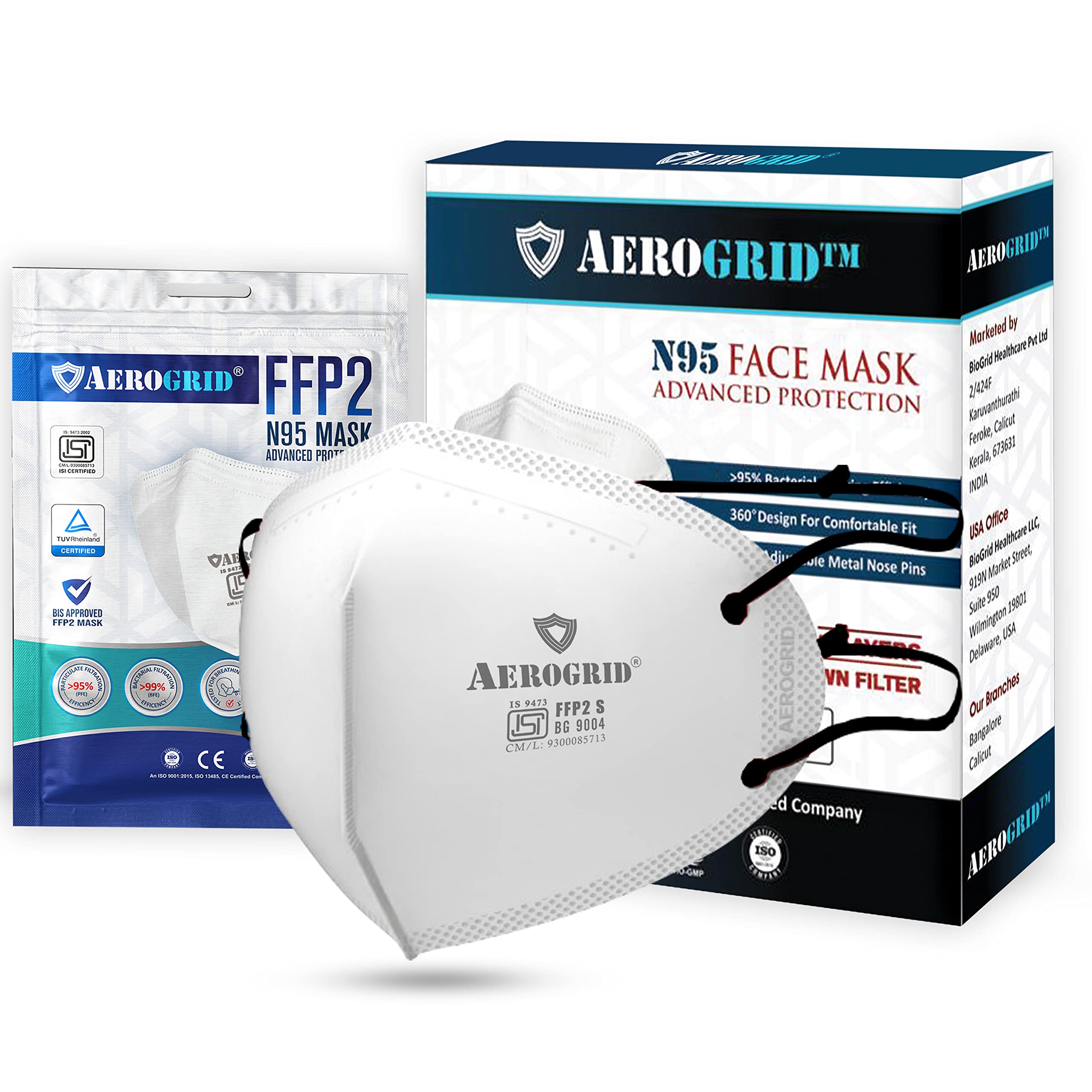 AeroGrid FFP2 | Pack of 10 | ISI Mark | BIS Certified | EN 149 European Std. Certified | Premium N95 Mask for Unisex (Black Head Loop, Pack of 10) (B091BGRBQZ) Amazon Price History, Amazon Price Tracker