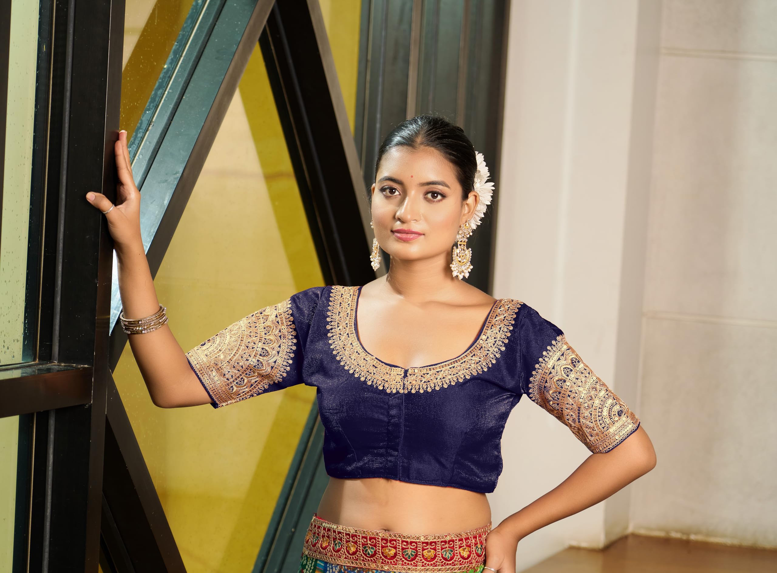 Vihu Fashion Women's Readymade Blouse Embroidery Multi Coding Dull Golden Sequence Work Indian Ethnic Designer Stitched Readymade Saree Half Sleeve Navy Blouse For Women For Saree Lehenga Choli