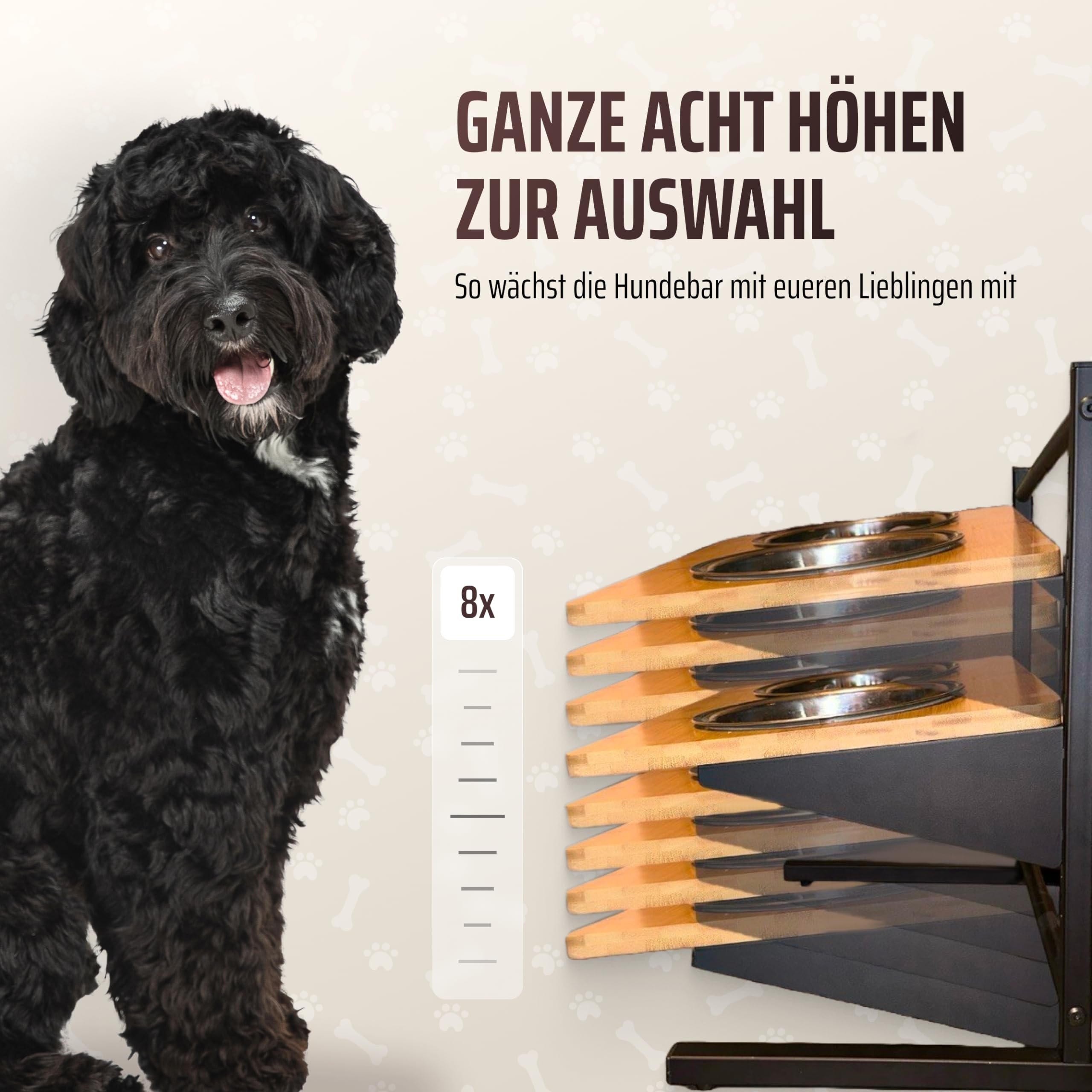 Erhöhter Hundenapf: ALLinONE Hundebar, 12 mal höhenverstellbar mit 2 Edelstahlnäpfen, Futterstation, Wandmontage