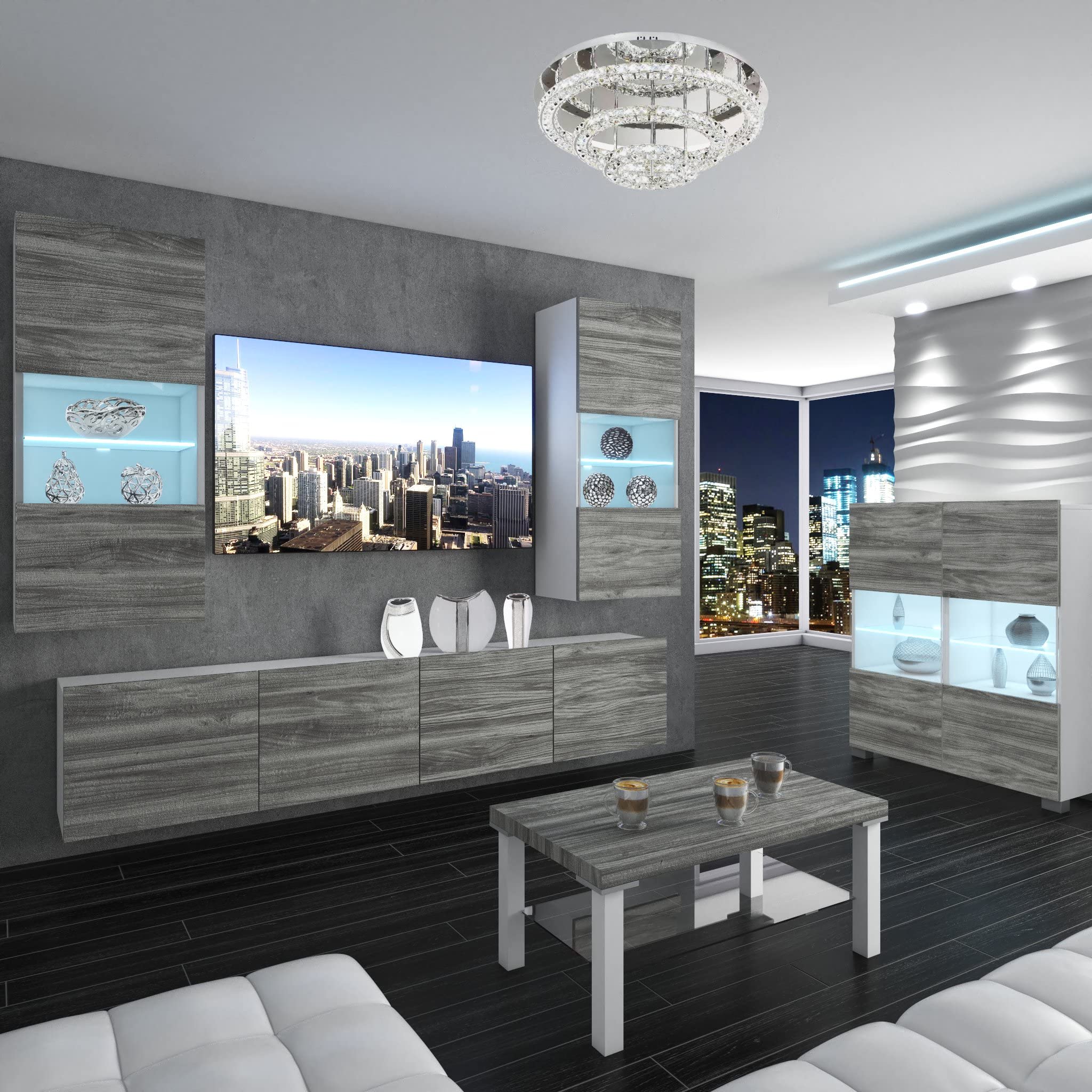 Belini - Set completo da parete per soggiorno, moderno, con illuminazione a LED, in legno