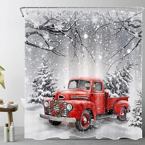 Miniatura 1 de Red Truck Christmas Shower Curtain Decor, Xmas Wreath and Pine Tree on Retro Truck Winter Snow Shower Curtain for Bathroom 72x72 Inch Polyester