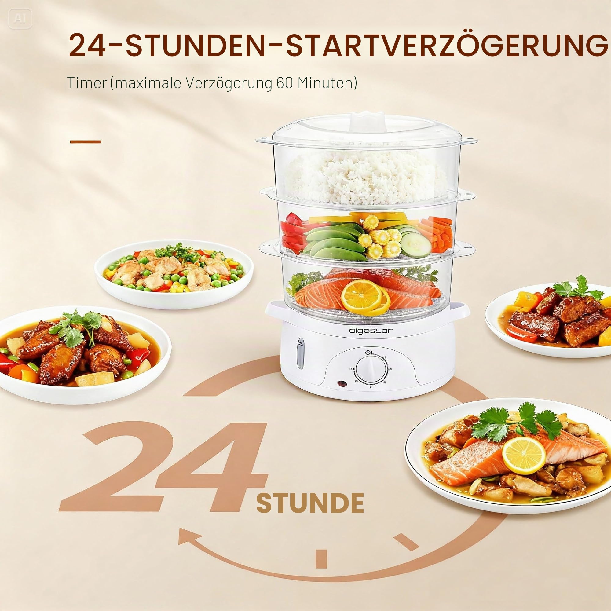 Aigostar Dampfgarer mit Timer 9L, 3-Etagen Stapelkörbe (800W, BPA frei) .EINWEGVERPACKUNG
